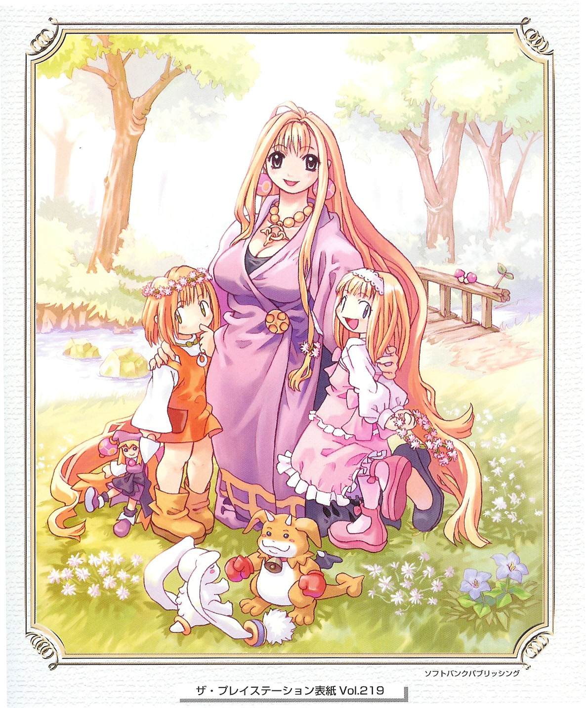 ryoji (nomura ryouji), cherie espoir, cornet espoir, etoile rosenqueen, kururu (marl kingdom), l-kun, ledgem (marl kingdom), marl kingdom, nippon ichi, puppet princess (marl kingdom), highres, 3girls, aged down, bell, blush, breasts, bridge, child, cleavage, collar, earrings, grass, hairband, huge breasts, jewelry, long hair, looking at viewer, multiple girls, neck bell, necklace, open mouth, outdoors, river, standing, tree, very long hair, wreath