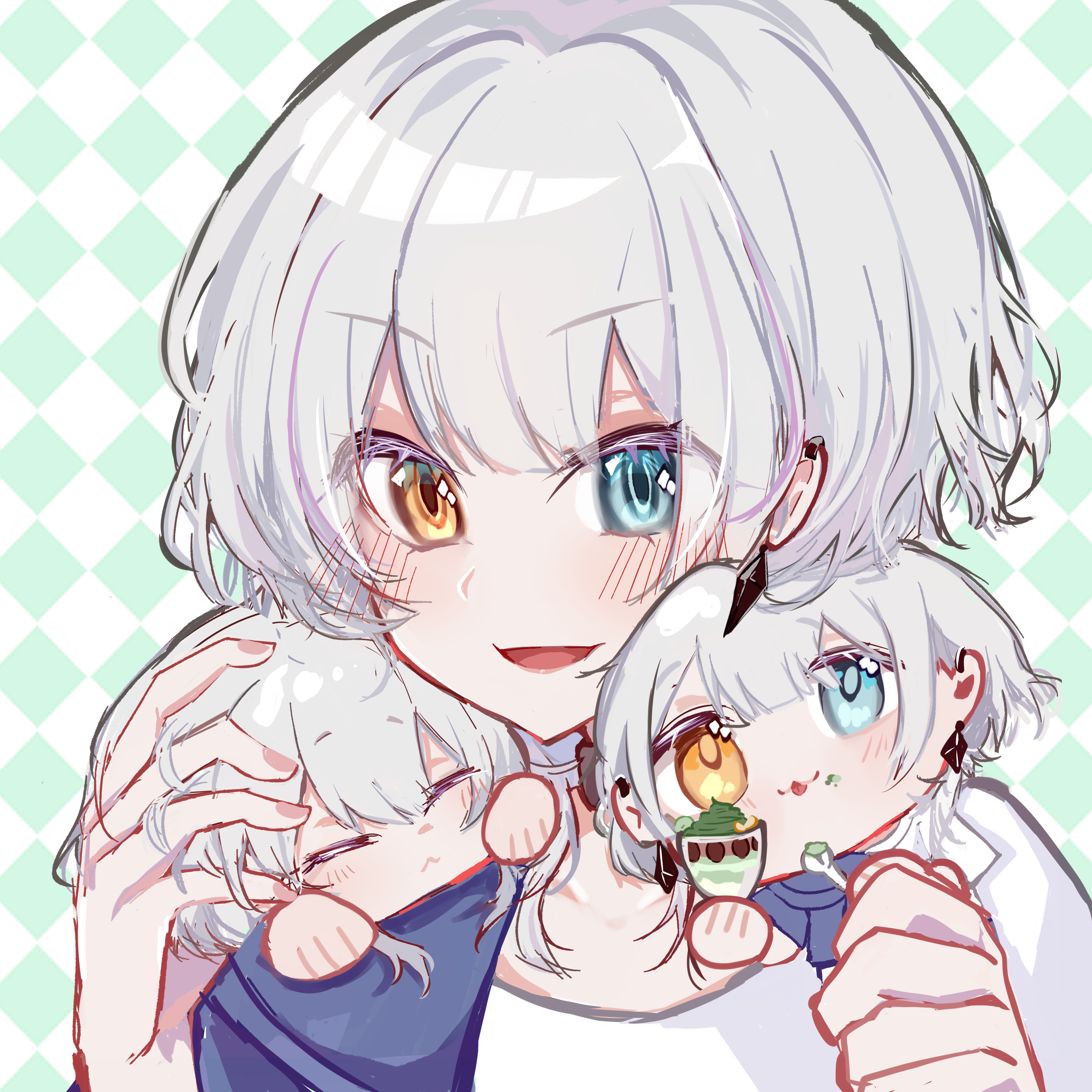 kaname raana, bang dream!, bang dream! it's mygo!!!!!, absurdres, chinese commentary, commentary request, highres, 3girls, :<, blue eyes, checkered background, ear piercing, earrings, headpat, heterochromia, holding, holding mini person, jewelry, matcha (food), matcha parfait, meeime114514, mini person, multiple girls, multiple persona, open mouth, piercing, short hair, white hair, yellow eyes