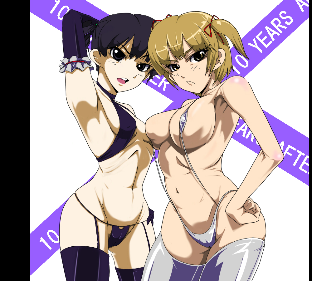 abiko zyozi, marui mitsuba, sugisaki miku, mitsudomoe (manga), bad id, bad pixiv id, 2girls, bikini, black hair, blonde hair, micro bikini, multiple girls, navel, short hair, skinny, swimsuit, thighhighs, twintails