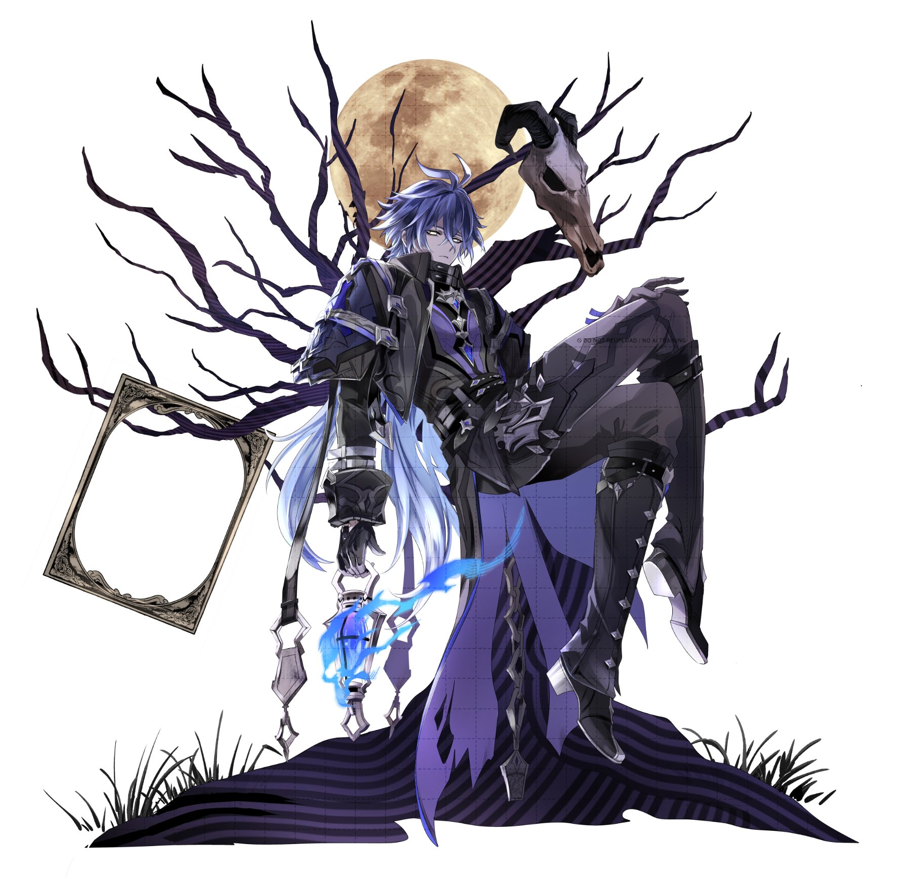 mori morii, flins (genshin impact), genshin impact, highres, 1boy, ahoge, animal skull, antenna hair, bags under eyes, bare tree, black coat, black gloves, black pants, blue fire, blue hair, boots, closed mouth, coat, collared coat, fire, gloves, gradient hair, hair between eyes, high collar, holding, holding lamp, holding lantern, huge ahoge, knee boots, lantern, long hair, long sleeves, male focus, moon, multicolored hair, no pupils, pants, picture frame, sitting, solo, tree, white background, yellow eyes