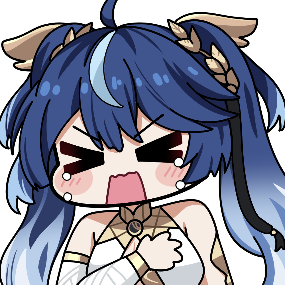 twomoon, iuno (wuthering waves), wuthering waves, commentary, english commentary, > <, 1girl, ahoge, bare shoulders, blue hair, breasts, chibi, chibi only, gradient hair, hand on own chest, long hair, medium breasts, multicolored hair, open mouth, simple background, solo, streaked hair, tearing up, twintails, upper body, v-shaped eyebrows, white background