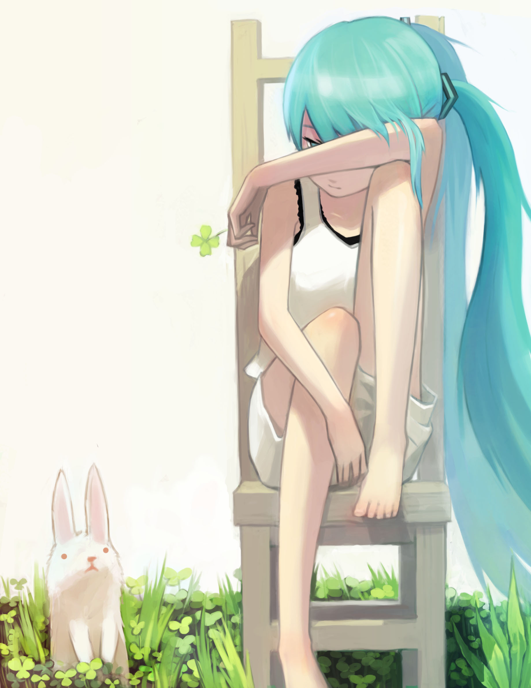 g tong, hatsune miku, vocaloid, bad id, bad pixiv id, highres, 1girl, aqua hair, barefoot, chair, clover, feet, feet on chair, female focus, four-leaf clover, long hair, rabbit, shorts, sitting, solo, toes, twintails, very long hair