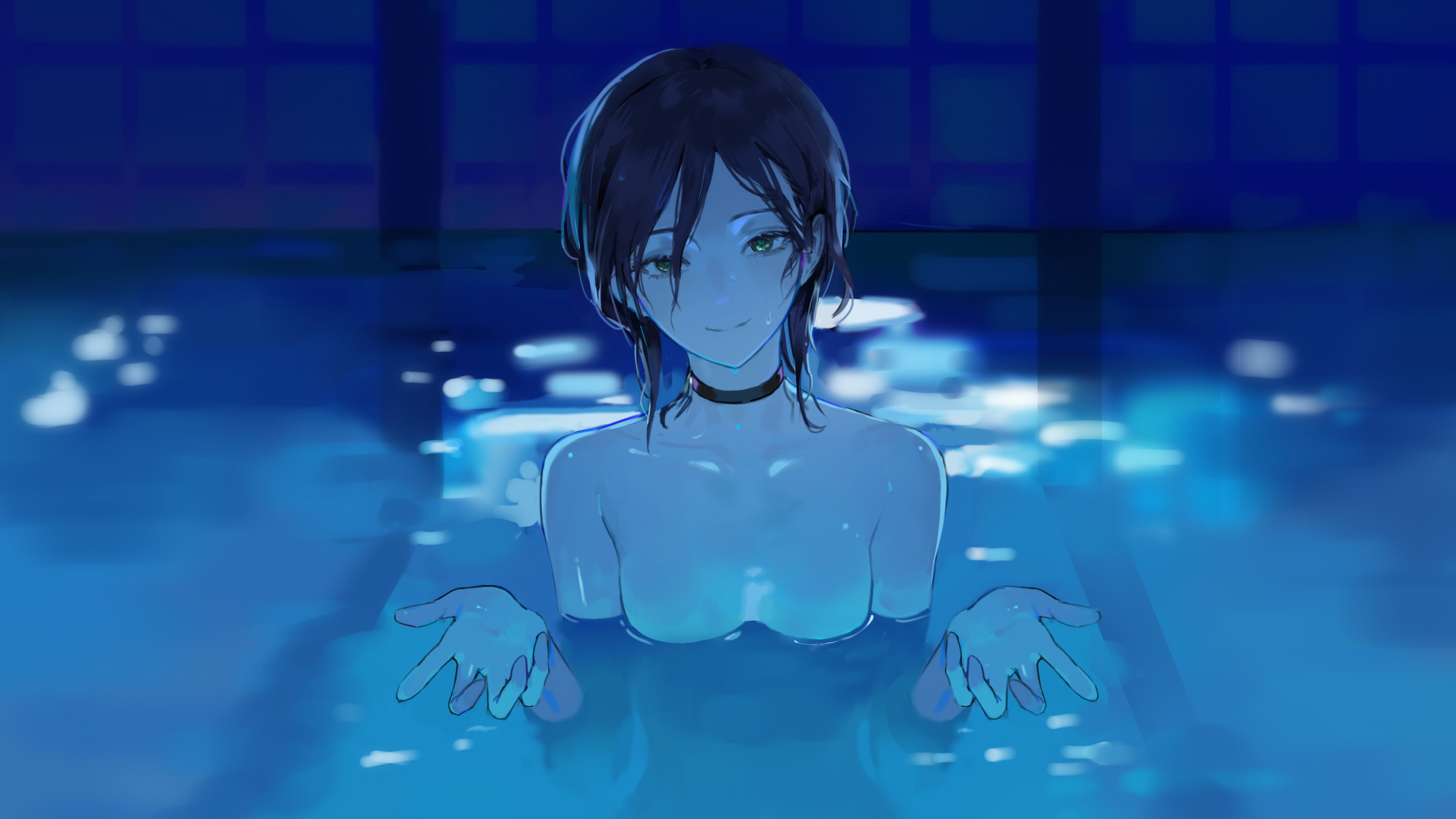 reze (chainsaw man), chainsaw man, absurdres, highres, 1girl, black choker, black hair, breasts, breasts apart, choker, collarbone, green eyes, looking at viewer, ma0 9nu, medium breasts, night, nude, pool, reaching, reaching towards viewer, scene reference, sidelocks, smile, solo, water, wet