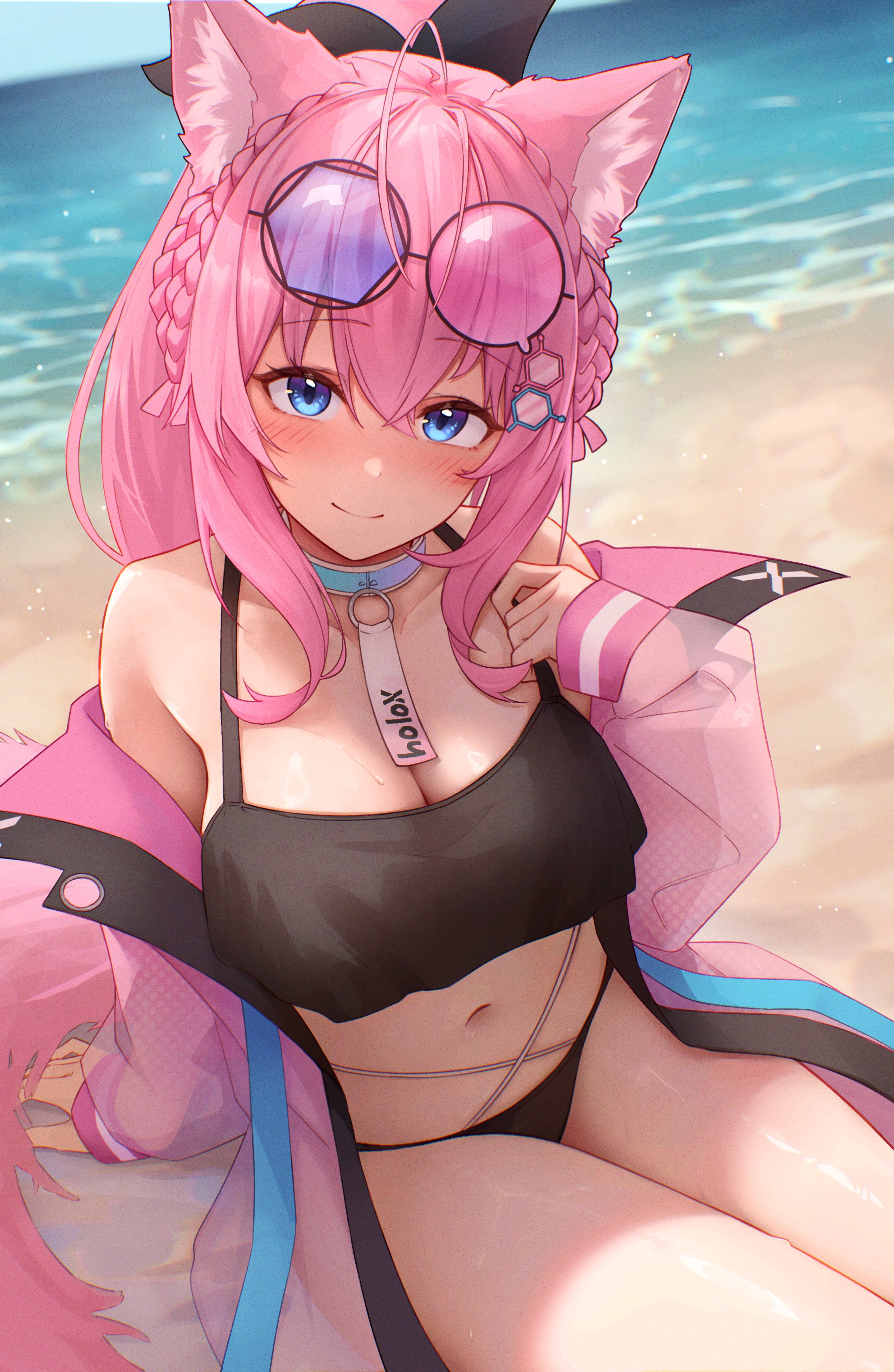 shironekokfp, hakui koyori, hakui koyori (holonatsu paradise), hololive, absurdres, commentary, commission, english commentary, highres, second-party source, 1girl, animal ear fluff, animal ears, antenna hair, beach, bikini, black bikini, black ribbon, blue eyes, braid, breasts, choker, cleavage, closed mouth, crown braid, day, double-parted bangs, hair between eyes, hair ribbon, hand up, hexagon hair ornament, jacket, large breasts, multi-strapped bikini bottom, navel, off shoulder, official alternate costume, official alternate hairstyle, outdoors, pink hair, pink jacket, pink tail, ponytail, ribbon, see-through clothes, see-through jacket, sidelocks, sitting, sleeves past wrists, smile, solo, stomach, swimsuit, tail, virtual youtuber, wolf ears, wolf girl, wolf tail