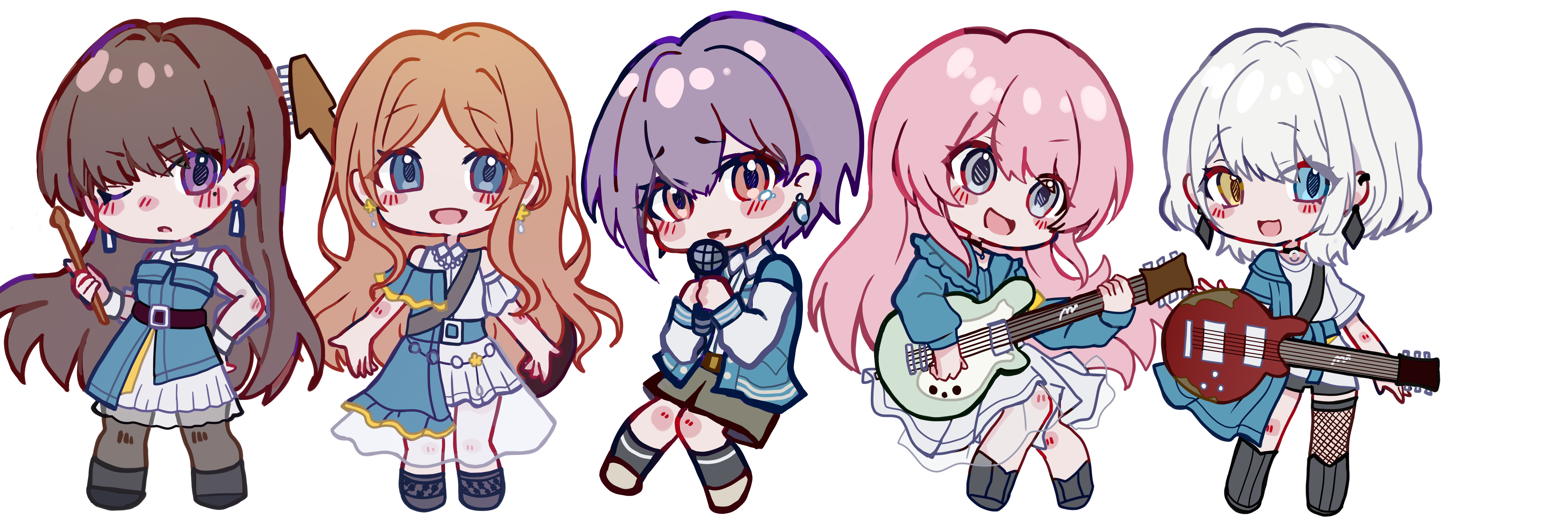 chihaya anon, kaname raana, nagasaki soyo, shiina taki, takamatsu tomori, bang dream!, bang dream! it's mygo!!!!!, absurdres, chinese commentary, commentary request, highres, 5girls, bass guitar, belt, black belt, black choker, black hair, blue dress, blue eyes, blue jacket, brown eyes, brown hair, brown skirt, chibi, choker, dress, drumsticks, ear piercing, earrings, electric guitar, grey eyes, grey hair, grey pantyhose, guitar, hand on own hip, heterochromia, holding, holding drumsticks, holding microphone, instrument, instrument on back, jacket, jewelry, long hair, meeime114514, microphone, multiple girls, mygo!!!!! (bang dream!), one-eyed, open mouth, pantyhose, piercing, pink hair, purple eyes, short hair, sidelocks, simple background, skirt, white background, white hair, white skirt