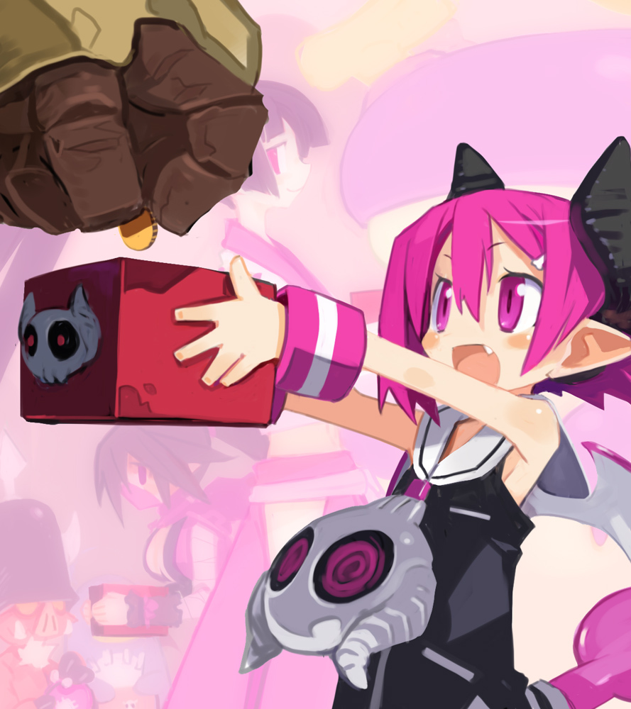 harada takehito, asuka cranekick, kyoko needleworker, prinny, raspberyl, disgaea, makai senki disgaea 3, nippon ichi, 1girl, box, coin, donation box, fang, female focus, horns, pink eyes, pink hair, pointy ears, solo