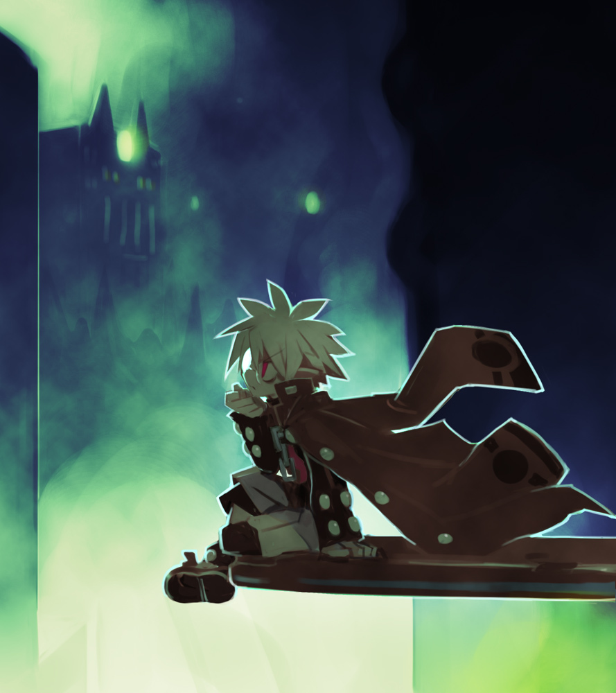 harada takehito, mao (disgaea), disgaea, makai senki disgaea 3, nippon ichi, official art, 1boy, chain, glasses, jacket, jacket on shoulders, male focus, red eyes, short hair, shorts, sitting, solo, white hair