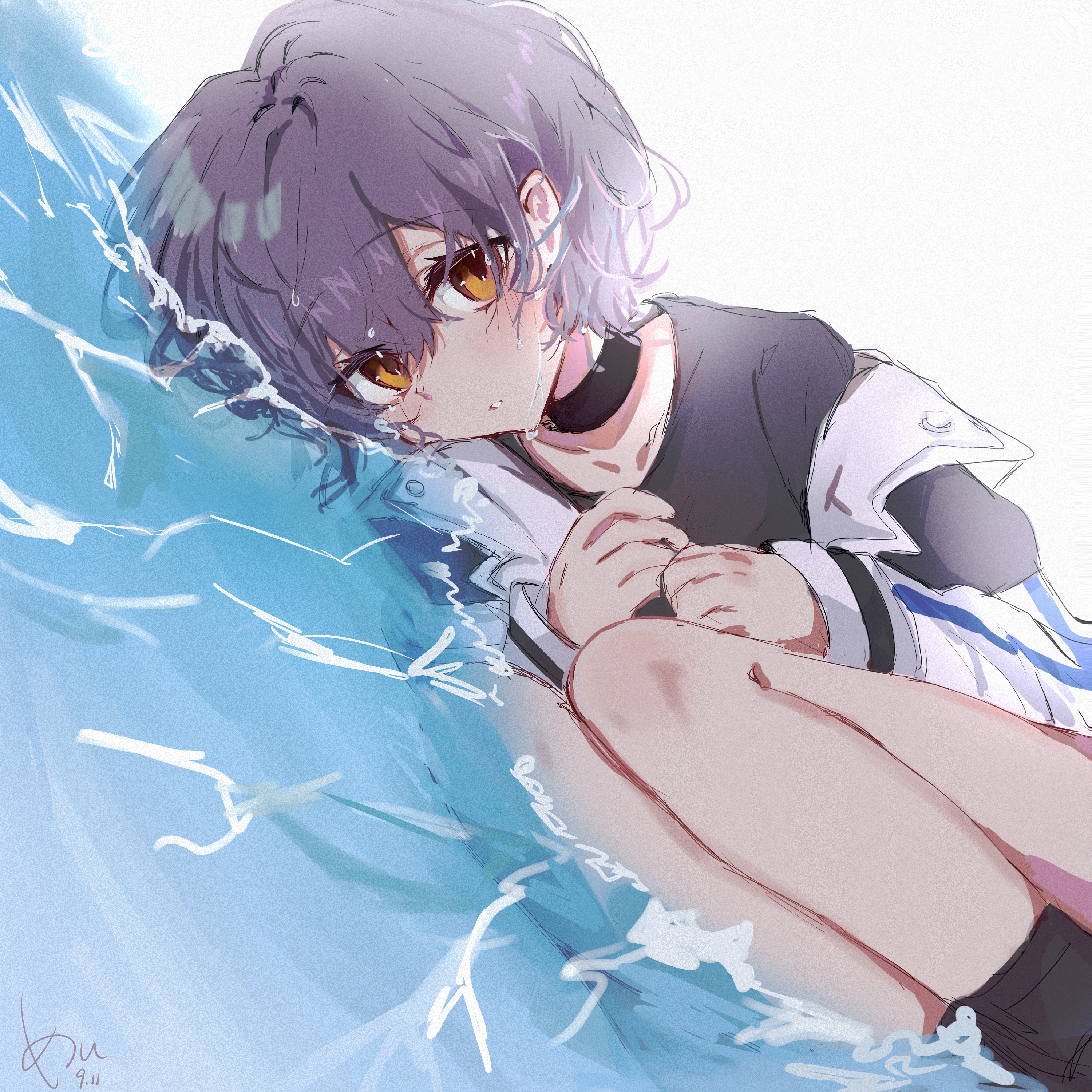 takamatsu tomori, bang dream!, bang dream! it's mygo!!!!!, absurdres, chinese commentary, commentary request, highres, 1girl, black choker, black shirt, brown eyes, choker, grey hair, hair between eyes, jacket, looking at viewer, lying, meeime114514, on side, partially submerged, shirt, short hair, solo, wet, white jacket