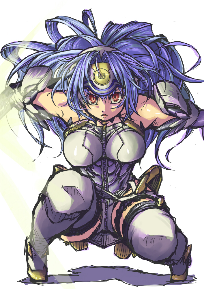 suzuno (bookshelf), suzuno (pixiv134001), kos-mos, kos-mos ver. 1, xenosaga, xenosaga episode i, bad id, bad pixiv id, 00s, 1girl, android, blue hair, breasts, elbow gloves, female focus, gloves, long hair, red eyes, solo, thighhighs