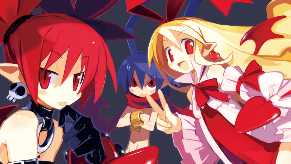 harada takehito, etna (disgaea), flonne, flonne (fallen angel), laharl, disgaea, makai senki disgaea 3, nippon ichi, 1boy, 2girls, :d, black wings, blush, bodysuit, bow, bowtie, dress, earrings, evil smile, hair ribbon, jewelry, leotard, long sleeves, looking at viewer, multiple girls, open mouth, pointy ears, red bow, red bowtie, red dress, red eyes, red hair, red leotard, ribbon, skull earrings, smile, tail, tail bow, tail ornament, upper body, wings