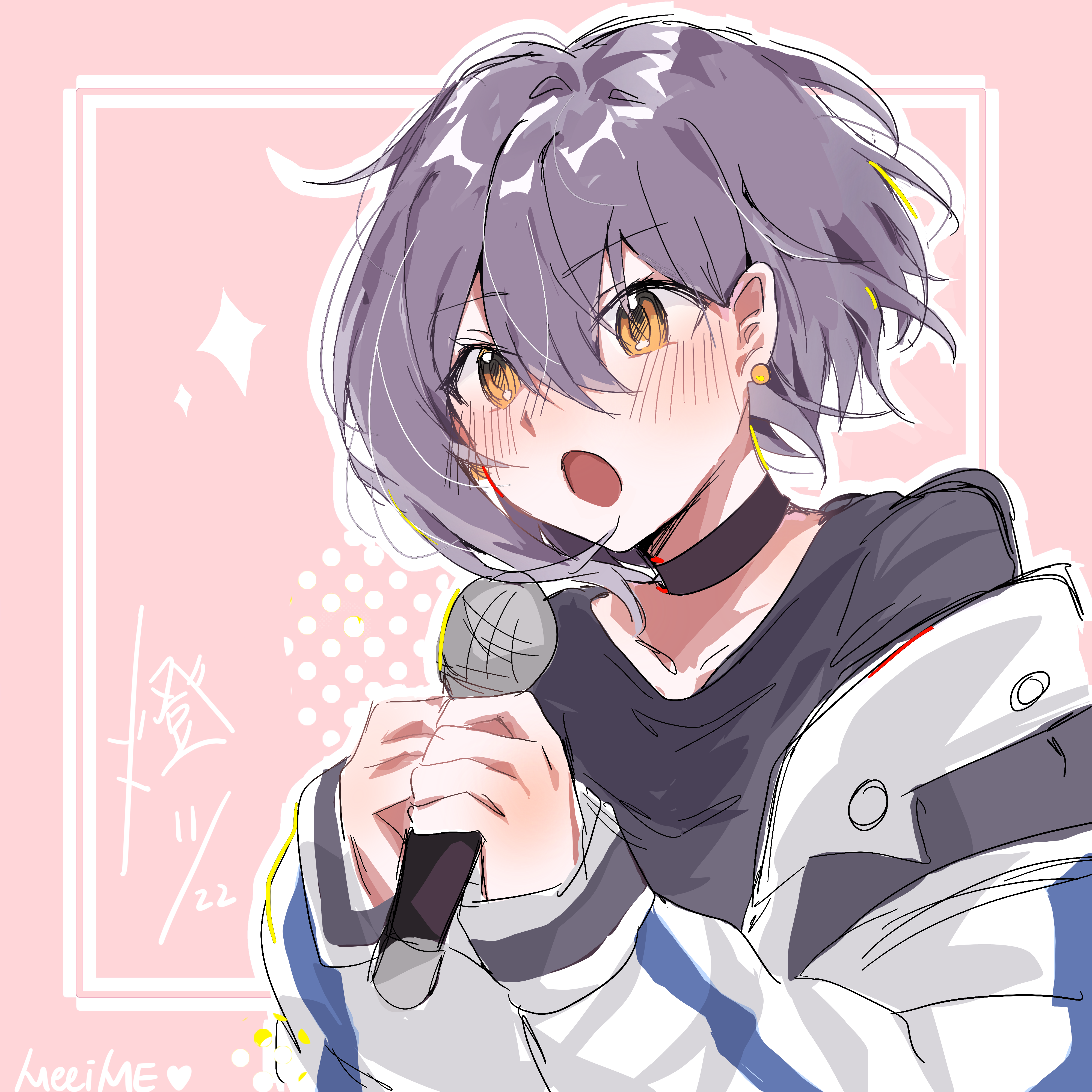 takamatsu tomori, bang dream!, bang dream! it's mygo!!!!!, absurdres, commentary, english commentary, highres, 1girl, black choker, black shirt, brown eyes, choker, earrings, grey hair, hair between eyes, holding, holding microphone, jacket, jewelry, long hair, meeime114514, microphone, off shoulder, pink background, shirt, short hair, solo, white jacket