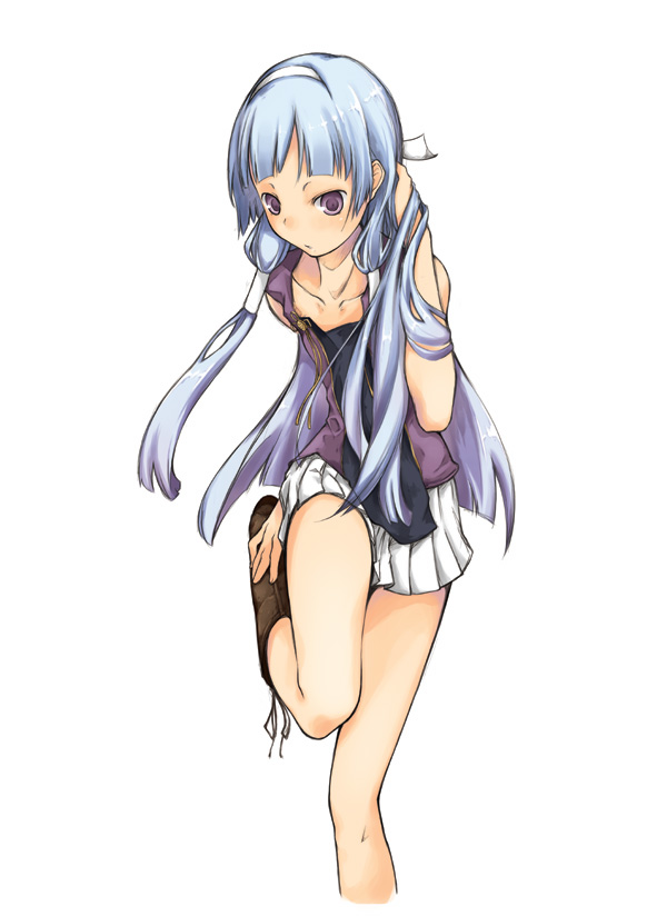 nagi, kannagi, 00s, 1girl, blue hair, blunt bangs, female focus, hair tubes, hairband, long hair, pleated skirt, purple eyes, skirt, solo, white skirt