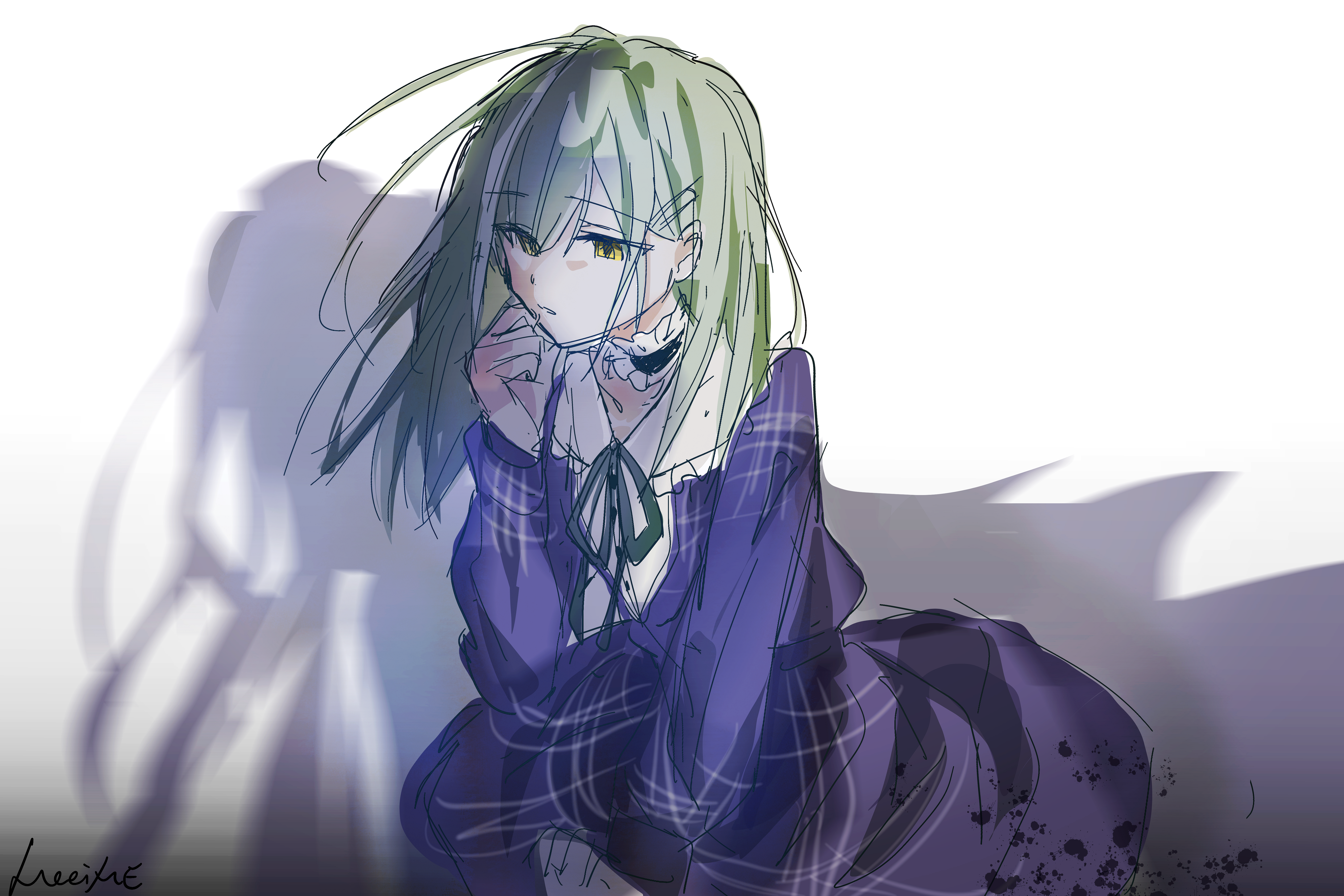 wakaba mutsumi, bang dream!, bang dream! it's mygo!!!!!, absurdres, commentary, highres, 1girl, black choker, blue dress, choker, dress, frilled choker, frills, green hair, long hair, long sleeves, meeime114514, open mouth, simple background, solo, white background, yellow eyes