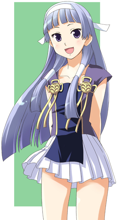 nagi, kannagi, 00s, 1girl, blue hair, blunt bangs, female focus, hair tubes, hairband, long hair, pleated skirt, purple eyes, skirt, solo, white skirt