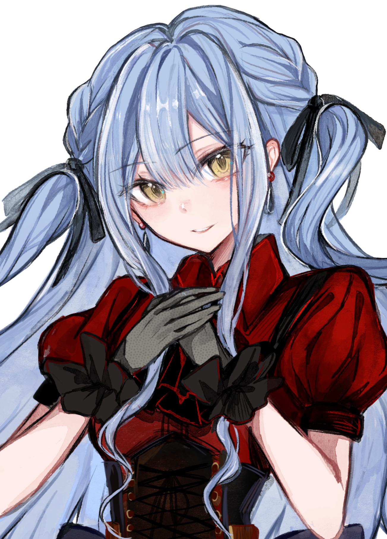 oblivionis (bang dream!), togawa sakiko, bang dream!, bang dream! it's mygo!!!!!, commentary, highres, 1girl, ascot, black ascot, black corset, black ribbon, blue hair, corset, earrings, gloves, grey gloves, hair ribbon, hands on own chest, jewelry, long hair, looking at viewer, meeime114514, open mouth, puffy short sleeves, puffy sleeves, red shirt, ribbon, shirt, short sleeves, sidelocks, simple background, solo, two side up, white background, yellow eyes