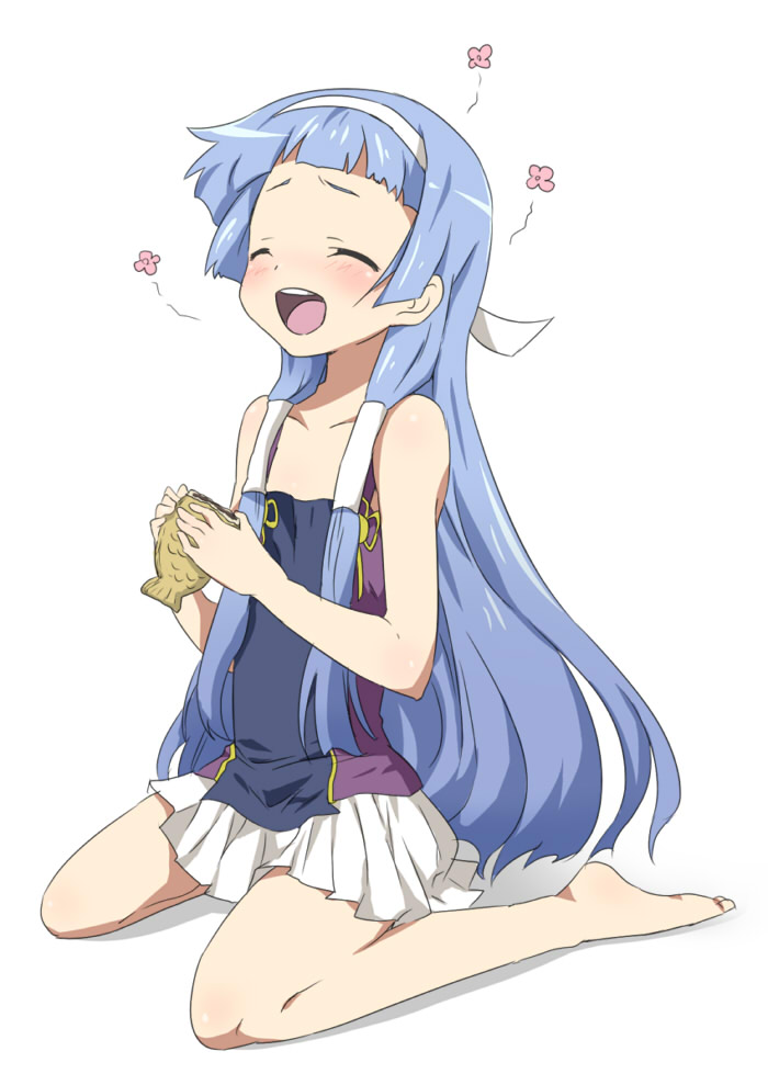 maruki (punchiki), nagi, kannagi, bad id, bad pixiv id, 00s, 1girl, blue hair, blunt bangs, blush, closed eyes, eating, female focus, food, foodgasm, hair tubes, hairband, happy, long hair, pleated skirt, skirt, smile, solo, taiyaki, wagashi, white skirt