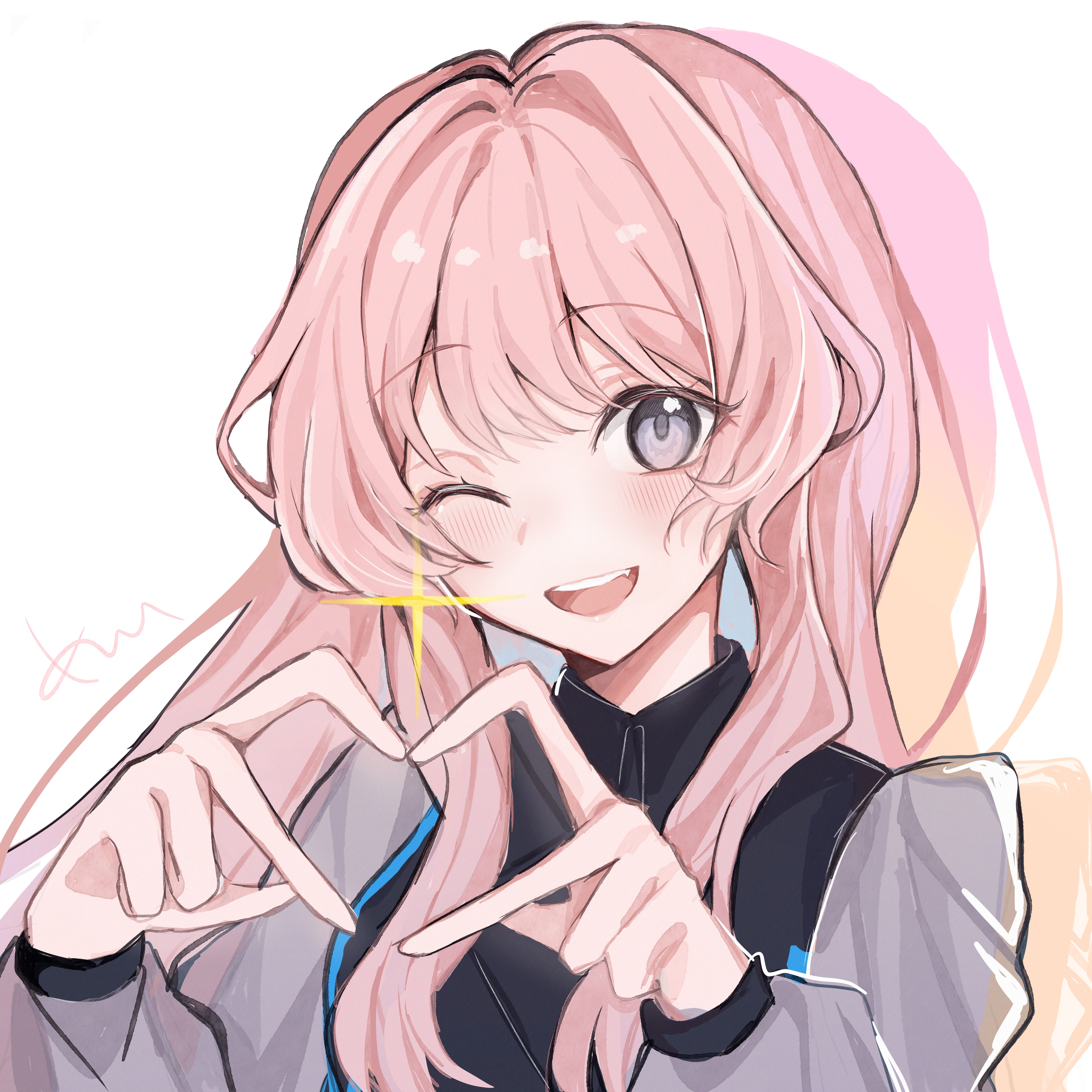 chihaya anon, bang dream!, bang dream! it's mygo!!!!!, absurdres, commentary, highres, 1girl, black shirt, four-finger heart hands, grey eyes, heart, heart hands, long hair, long sleeves, meeime114514, one eye closed, open mouth, pink hair, see-through clothes, see-through sleeves, shirt, simple background, teeth, upper teeth only, white background