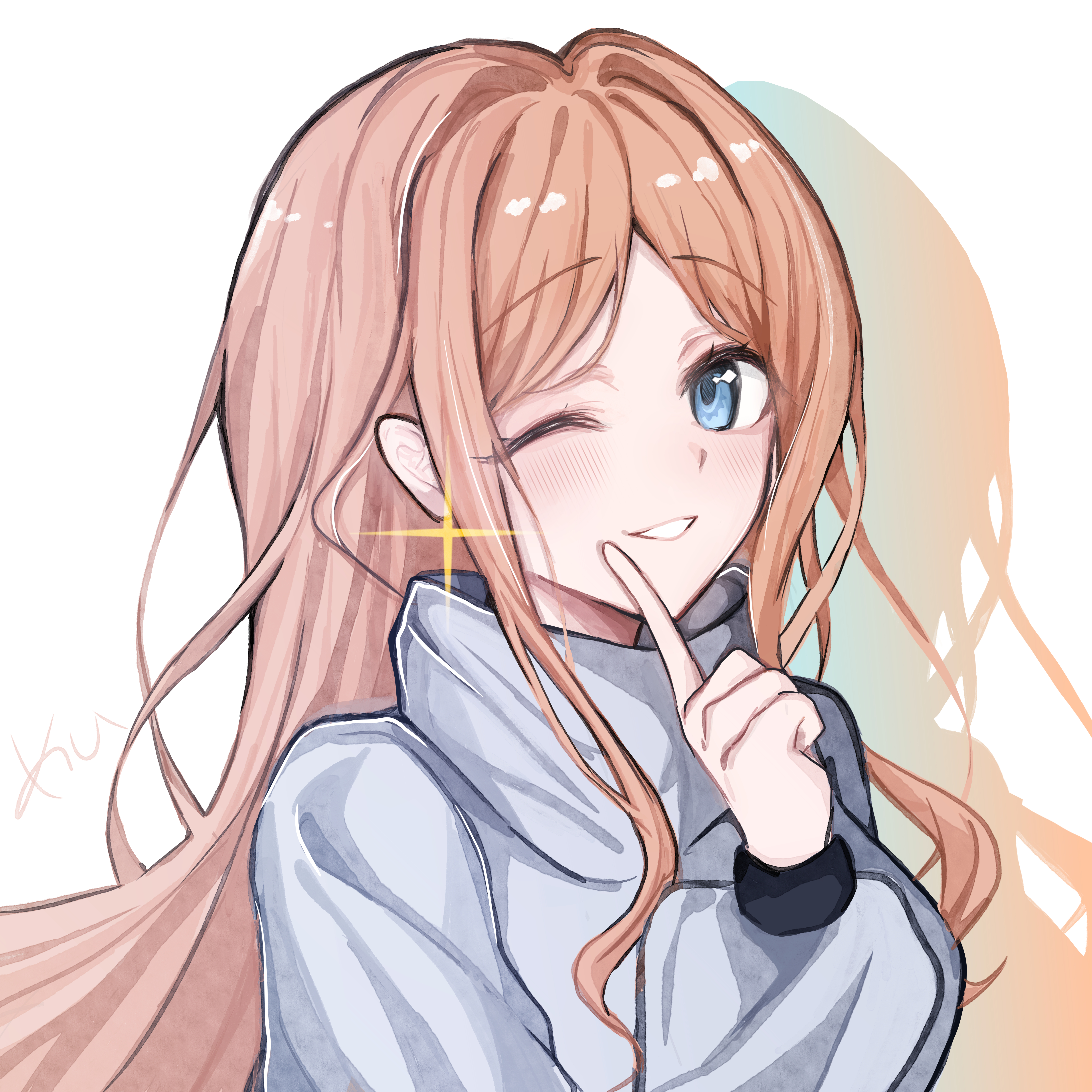 nagasaki soyo, bang dream!, bang dream! it's mygo!!!!!, absurdres, commentary, highres, 1girl, blue eyes, blush, brown hair, glint, grey sweater, indoors, long hair, looking at viewer, meeime114514, one eye closed, sidelocks, simple background, solo, sweater, white background