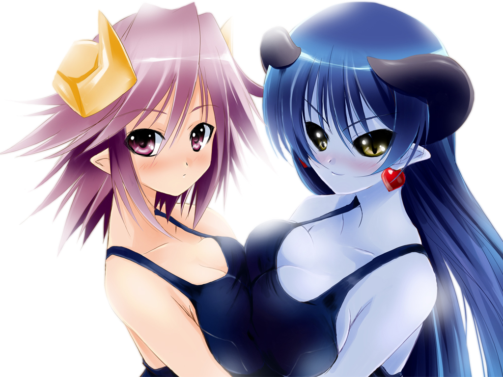 astaroth (shinrabanshou), shion (shinrabanshou), shinrabanshou, 2girls, asymmetrical docking, black sclera, blue hair, blue skin, breast press, breasts, colored sclera, colored skin, horns, large breasts, long hair, medium breasts, multiple girls, one-piece swimsuit, pointy ears, purple hair, school swimsuit, short hair, swimsuit, symmetrical docking, yuri