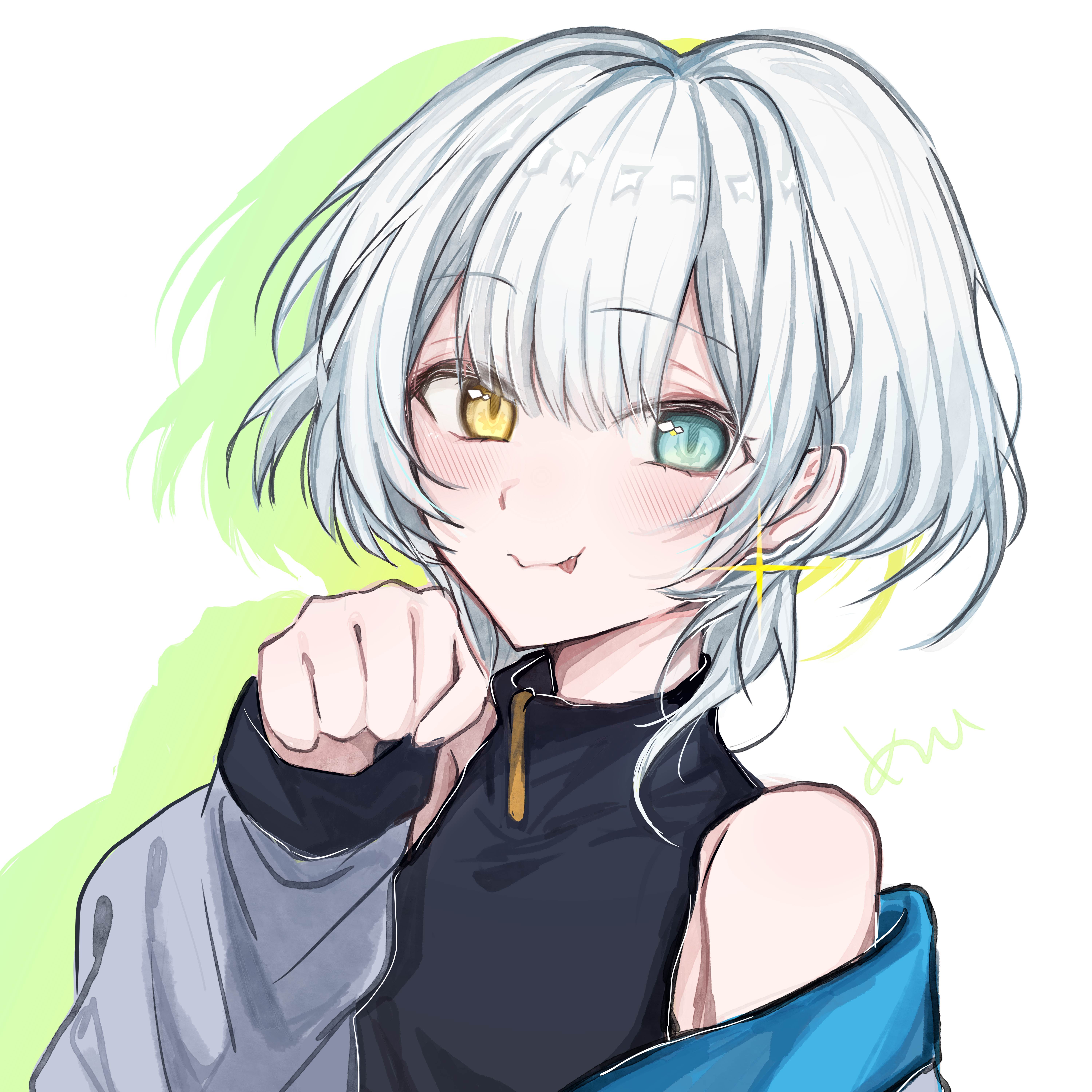 kaname raana, bang dream!, bang dream! it's mygo!!!!!, absurdres, commentary, highres, 1girl, :3, black shirt, blue eyes, heterochromia, long sleeves, looking at viewer, meeime114514, paw pose, raana the cat, shirt, short hair, simple background, sleeveless, sleeveless shirt, solo, tongue, tongue out, upper body, white background, white hair, yellow eyes