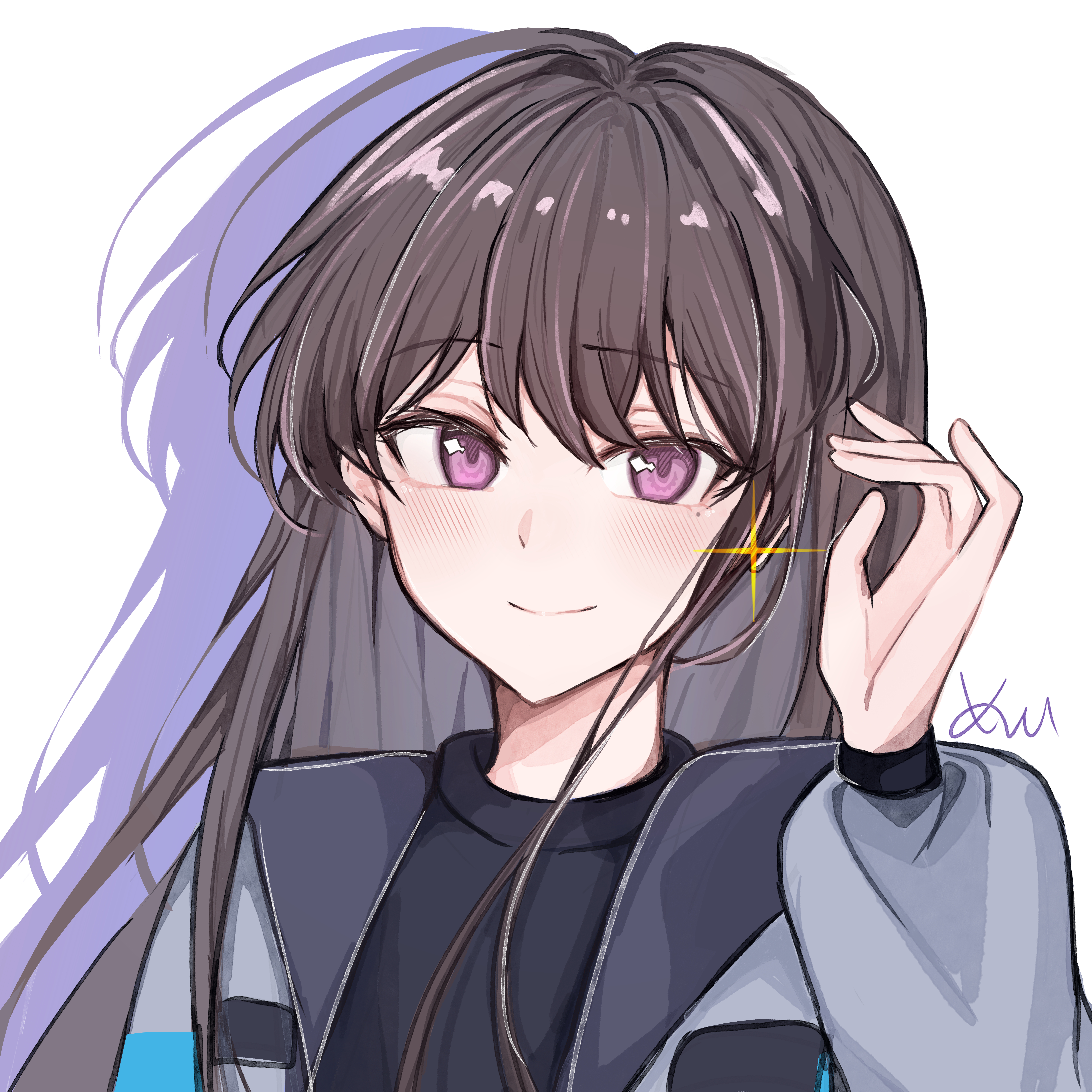 shiina taki, bang dream!, bang dream! it's mygo!!!!!, absurdres, commentary, highres, 1girl, black hair, black shirt, blush, closed mouth, glint, grey jacket, jacket, long hair, looking at viewer, meeime114514, purple eyes, shirt, simple background, solo, upper body, white background