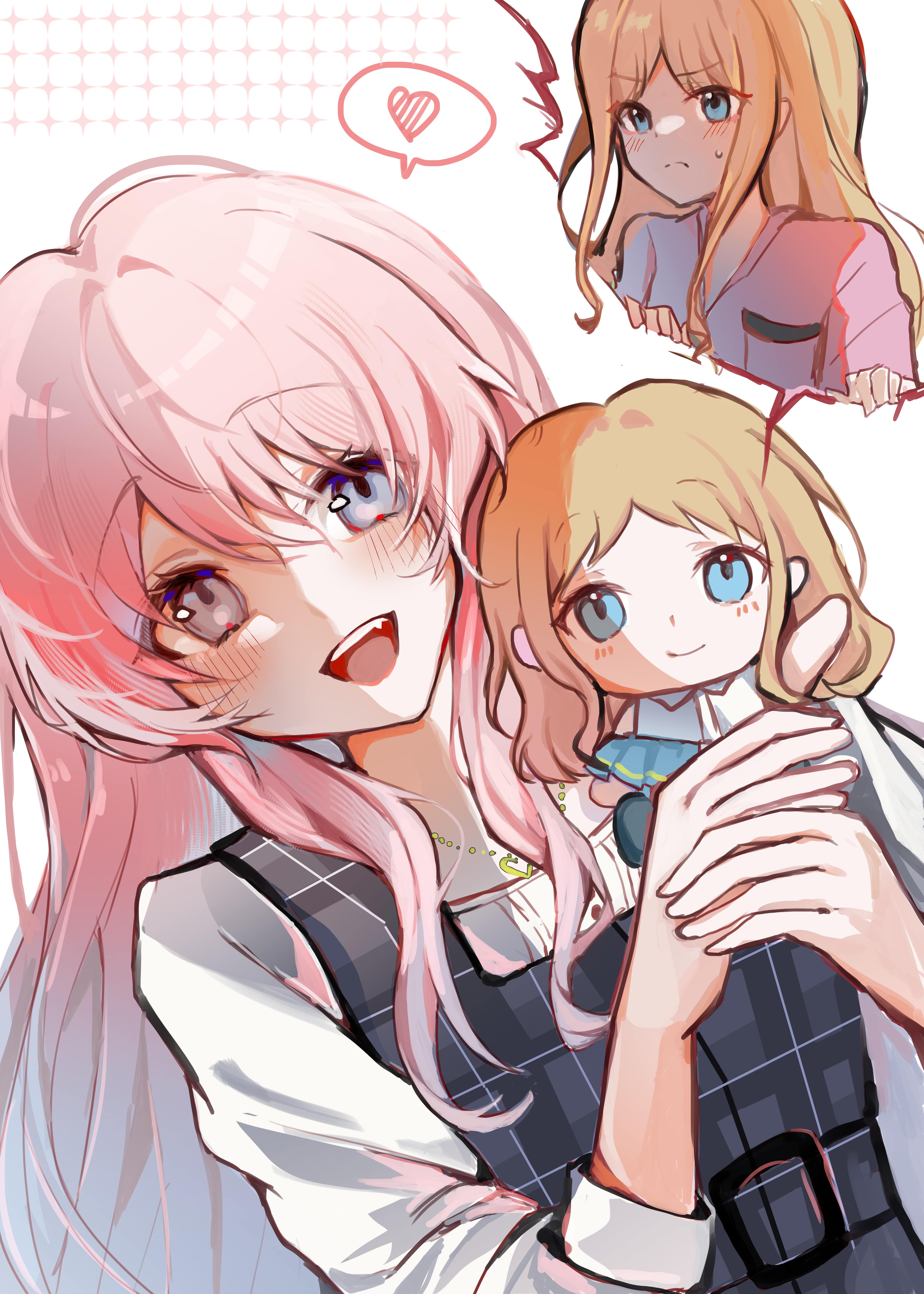 chihaya anon, nagasaki soyo, bang dream!, bang dream! it's mygo!!!!!, absurdres, chinese commentary, commentary request, highres, 2girls, blue eyes, blush, brown hair, character doll, doll, fang, grey eyes, heart, jewelry, long hair, meeime114514, multiple girls, necklace, open mouth, pink hair, shirt, sidelocks, simple background, spoken heart, sweatdrop, teeth, upper teeth only, white background, white shirt