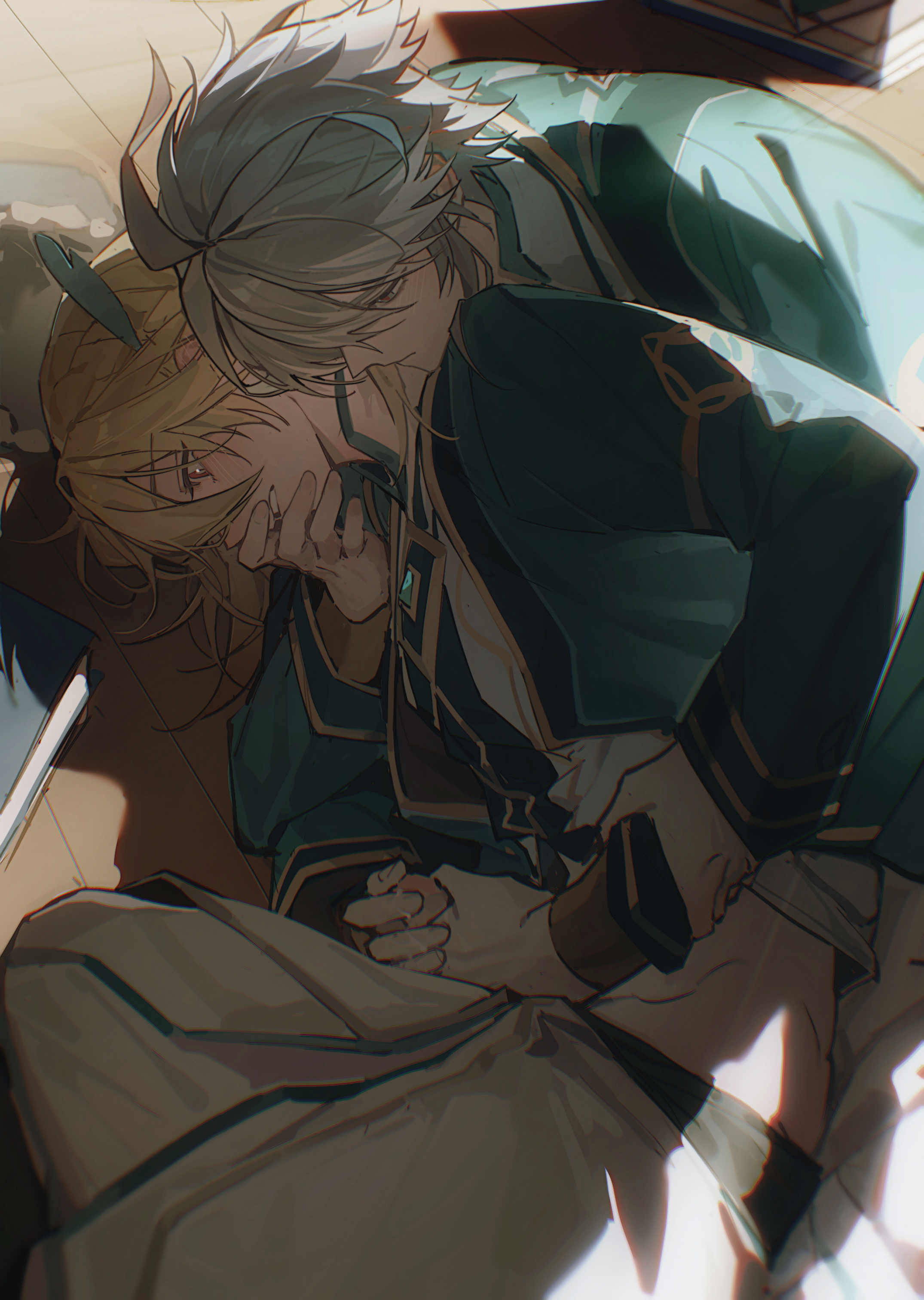 liu sha28968, alhaitham (genshin impact), kaveh (genshin impact), genshin impact, absurdres, highres, 2boys, ahoge, akademiya uniform, blonde hair, closed mouth, erection, feather hair ornament, feathers, gem, gold trim, green gemstone, grey hair, hair between eyes, hair ornament, hair over one eye, handjob, long hair, long sleeves, male focus, mandarin collar, multiple boys, penis, red eyes, shirt, short hair, white shirt, yaoi