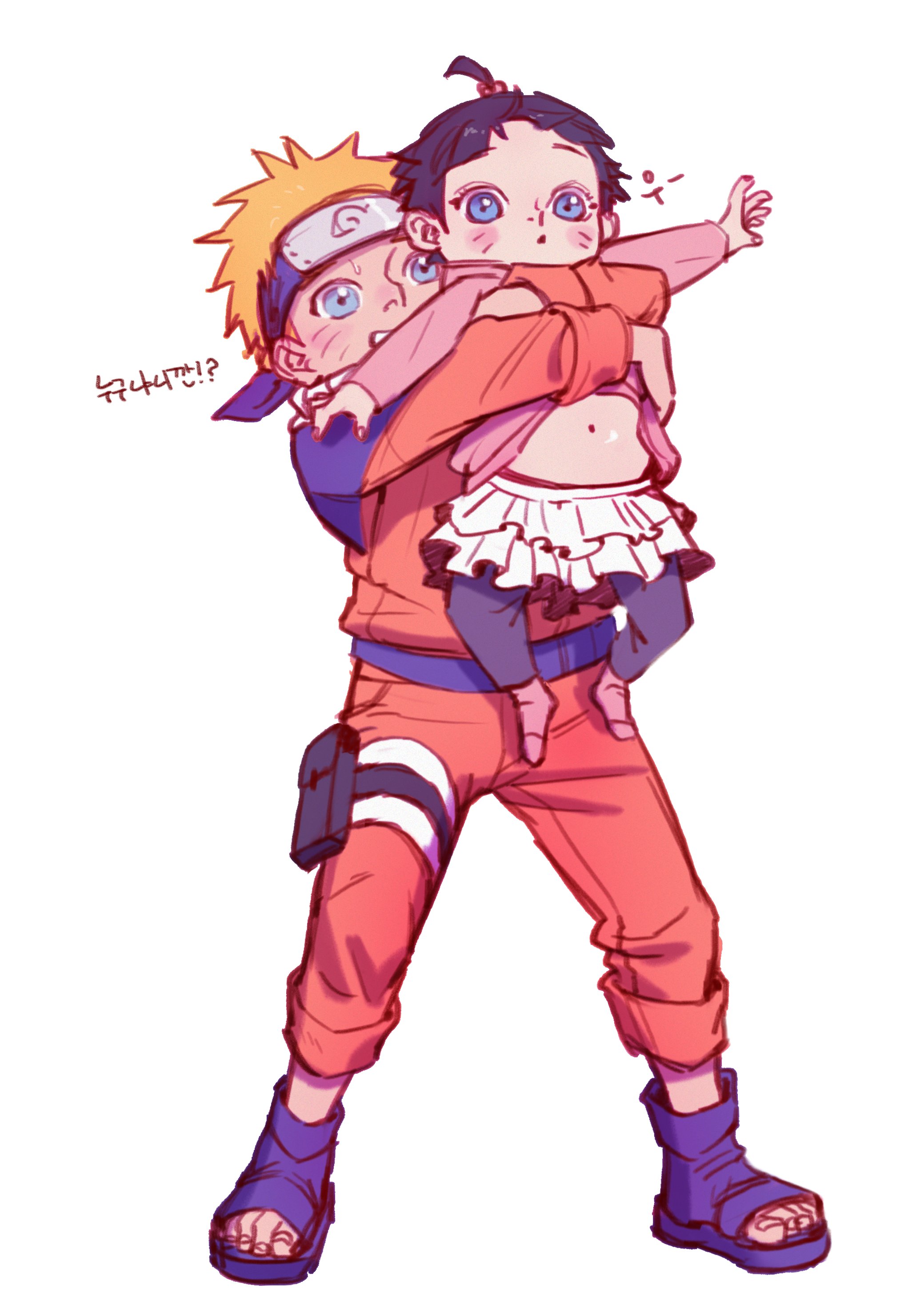 uzumaki himawari, uzumaki naruto, boruto: naruto next generations, naruto (classic), naruto (series), absurdres, commentary request, highres, korean commentary, translation request, 1boy, 1girl, aged down, black hair, blue eyes, blue headband, carrying, carrying person, forehead protector, frilled skirt, frills, hair bobbles, hair ornament, headband, jacket, korean text, navel, negeotibeu dungji, open-toe shoes, orange jacket, pouch, skirt, thigh pouch, time paradox, toddler