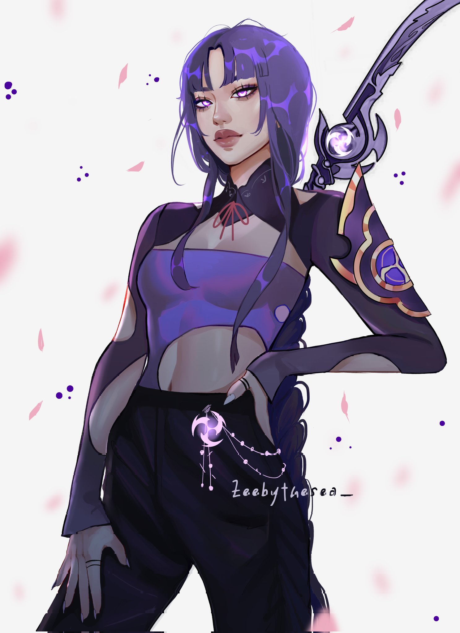 zeebythesea, raiden shogun, genshin impact, highres, 1girl, alternate costume, arm cutout, armor, artist name, asian, asymmetrical shirt, asymmetrical sleeves, black eyeliner, black pants, braid, breasts, cherry blossoms, closed mouth, clothing cutout, cowboy shot, eyelashes, eyeliner, eyeshadow, falling petals, fashion, fingernails, glowing, glowing eyes, hand on own hip, hand on own thigh, high collar, jewelry, long fingernails, long hair, long sidelocks, low-braided long hair, low-tied long hair, makeup, medium breasts, nail polish, pants, parted bangs, petals, purple eyes, purple eyeshadow, purple hair, purple sleeves, ring, shirt, shoulder armor, shoulder cutout, sidelocks, sleeves past wrists, standing, stomach cutout, strapless, strapless shirt, streetwear, sword, sword on back, thick eyebrows, thick lips, tight clothes, tight shirt, tomoe (symbol), weapon, weapon on back, white background, white nails