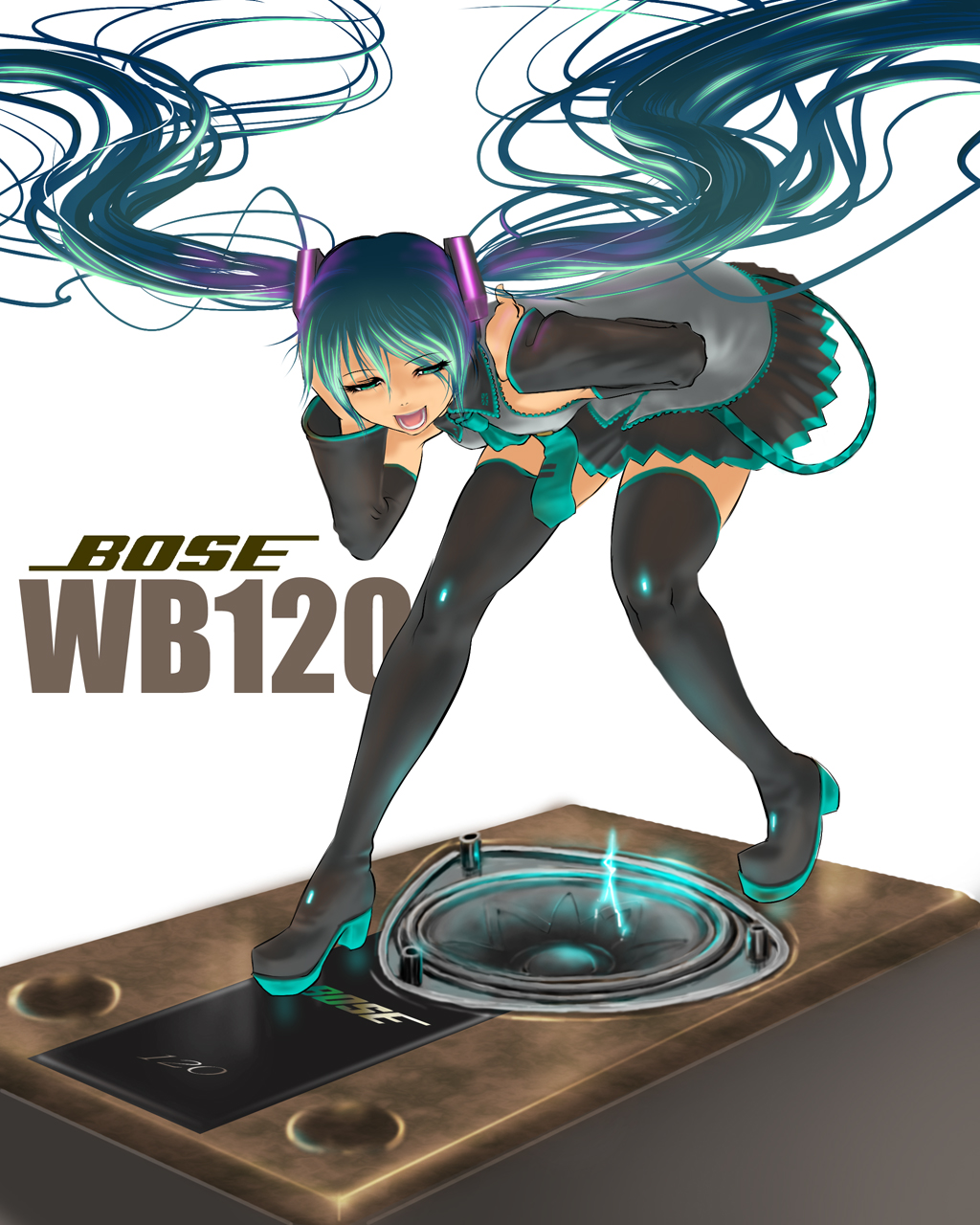 lee (pixiv), hatsune miku, vocaloid, highres, tagme, green hair, long hair, solo, thighhighs, twintails, very long hair