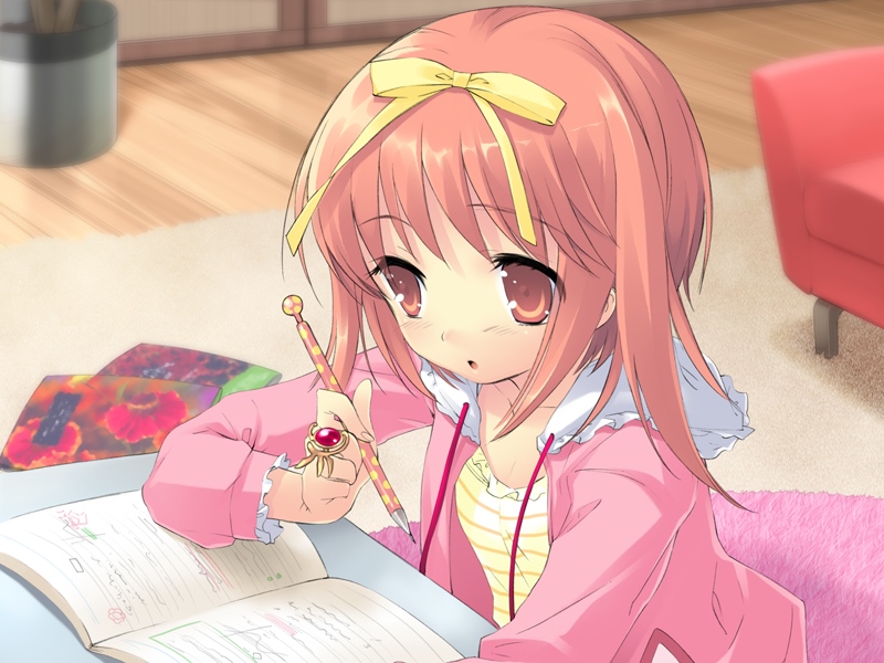 ito noizi, akihime sumomo, nanatsuiro drops, 00s, 1girl, book, confused, female focus, jewelry, pen, red eyes, red hair, ribbon, ring, solo, writing