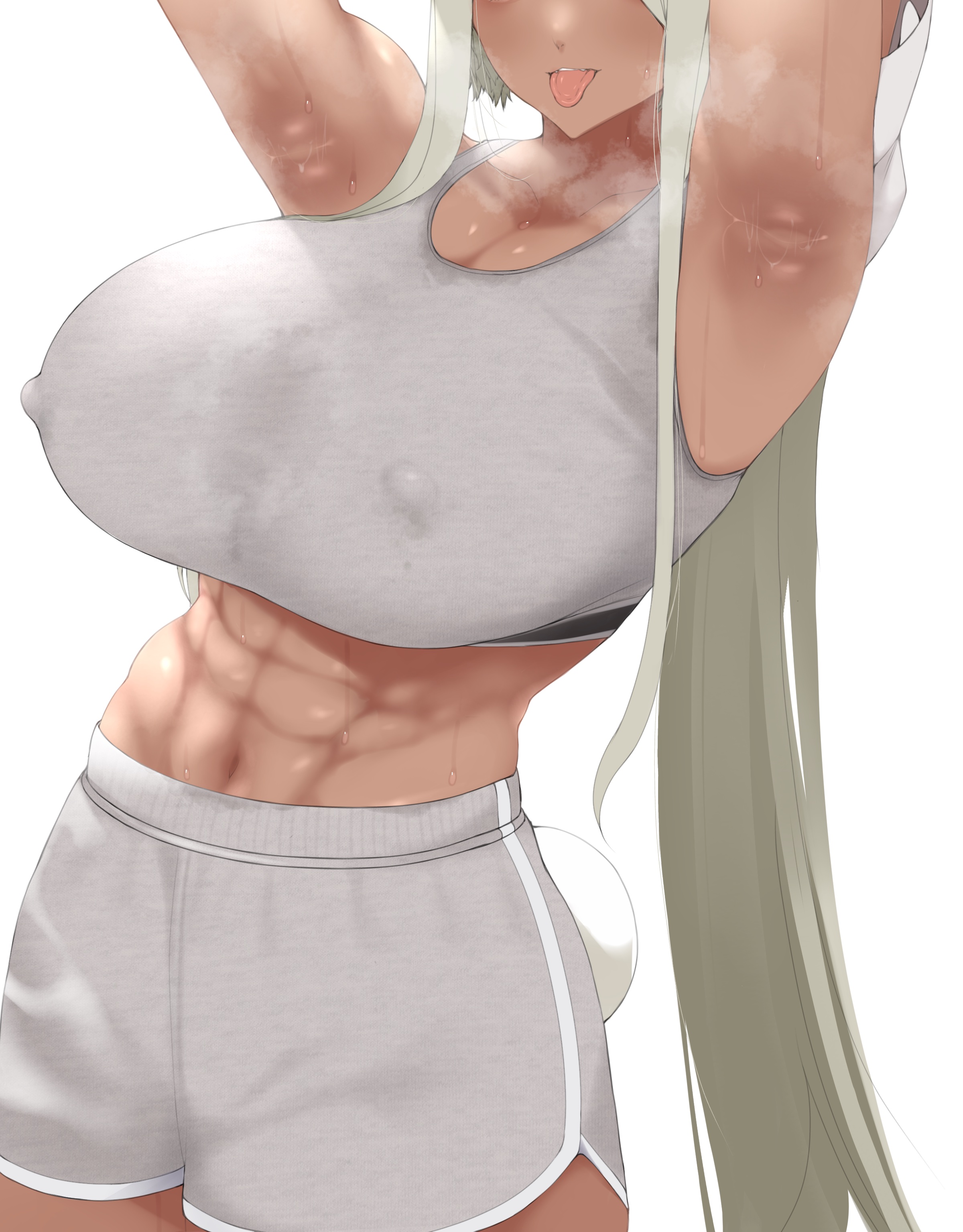 aizawa marimo, mirko, boku no hero academia, absurdres, highres, 1girl, abs, animal ears, armpits, arms behind head, arms up, bare shoulders, breasts, cleavage, clothing cutout, covered erect nipples, crop top, dark-skinned female, dark skin, eyes out of frame, gloves, grey shorts, grey sports bra, head out of frame, huge breasts, long hair, midriff, muscular, muscular female, navel, ponytail, rabbit ears, rabbit girl, rabbit tail, shorts, smell, smile, solo, sports bra, steaming body, sweat, sweaty clothes, tail, tail through clothes, tongue, tongue out, very long hair, white background, white gloves, white hair