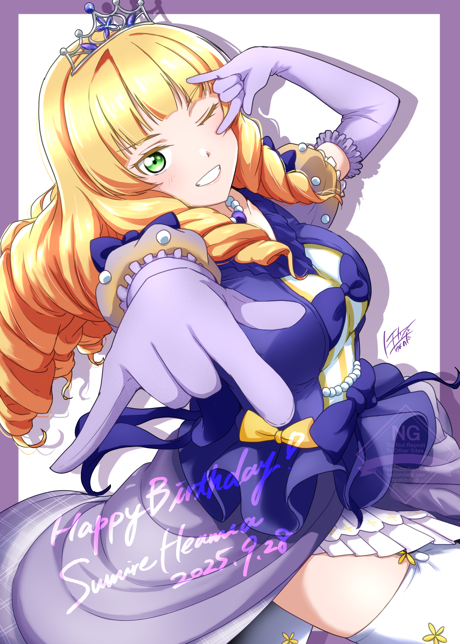 noochan chonoda, heanna sumire, love live!, love live! superstar!!, highres, 1girl, m/, bead necklace, beads, blunt bangs, border, bow, breasts, double m/, dress, drill hair, elbow gloves, frills, garter straps, gloves, green eyes, grin, happy birthday, jewelry, light blush, looking at viewer, medium breasts, necklace, nonfiction!! (love live!), one eye closed, outside border, puffy short sleeves, puffy sleeves, purple border, purple bow, purple dress, purple gloves, short sleeves, signature, simple background, smile, solo, teeth, thighhighs, tiara, upper body, watermark, white background, white thighhighs, yellow bow, zettai ryouiki