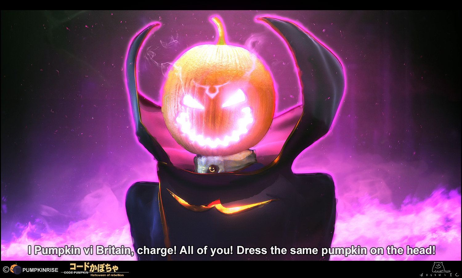 arsenixc, lelouch vi britannia, zero (code geass), code geass, bad id, bad pixiv id, 1boy, english text, engrish text, halloween, jack-o'-lantern, male focus, parody, pumpkin, ranguage, solo