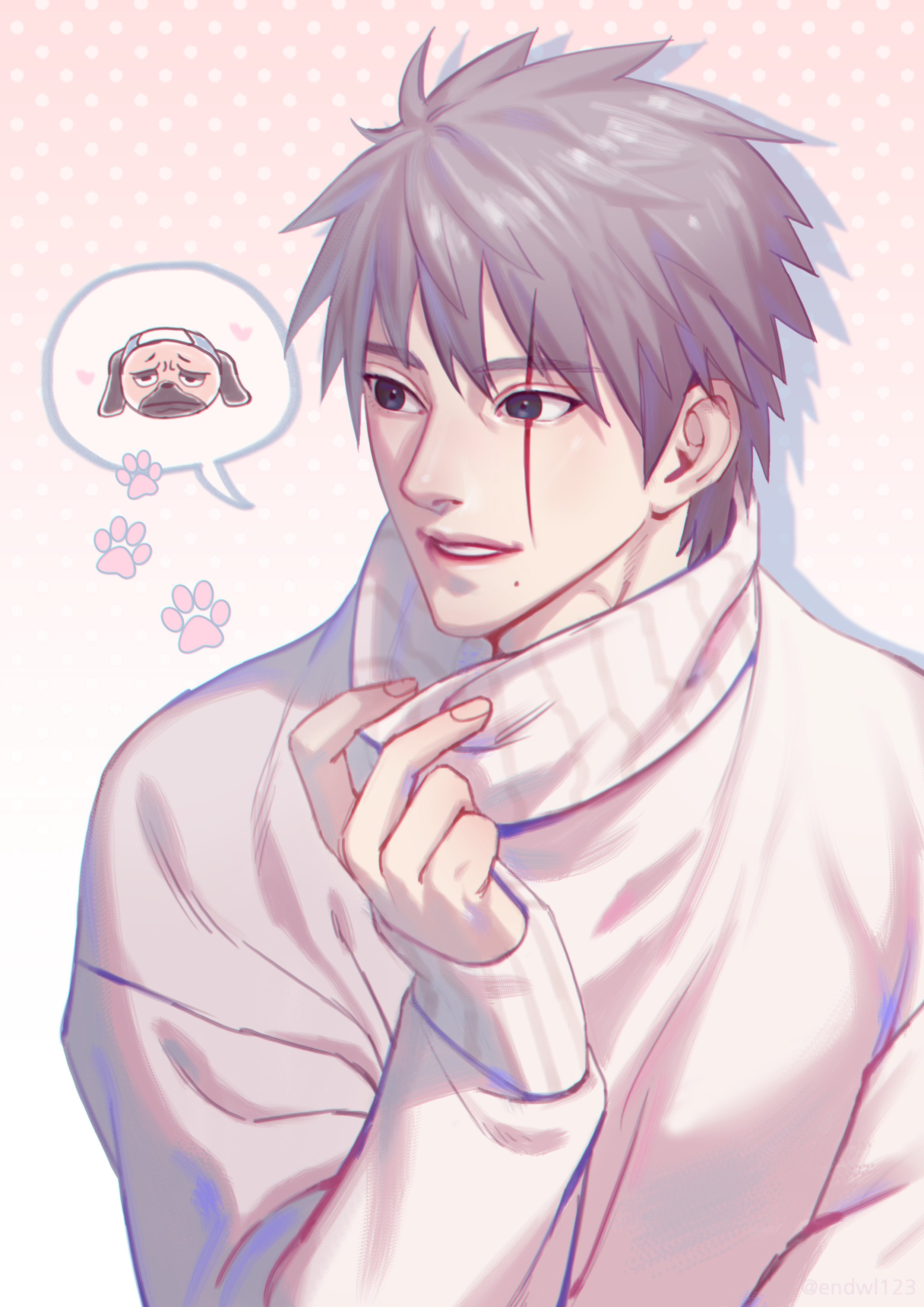 hatake kakashi, pakkun (naruto), naruto (series), absurdres, commentary request, highres, korean commentary, 1boy, black eyes, grey hair, male focus, mole, mole under mouth, negeotibeu dungji, no mask, paw print, scar, scar across eye, scar on face, solo, spoken character, sweater, turtleneck, turtleneck sweater, upper body