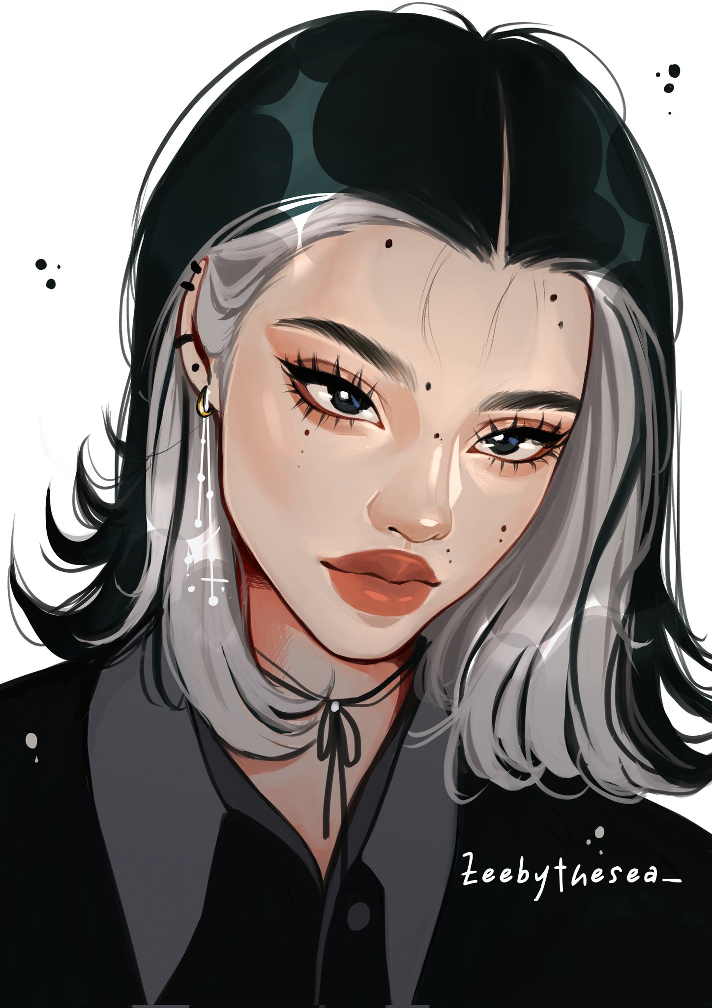 zeebythesea, original, highres, 1girl, artist name, asian, black eyes, black hair, black shirt, closed mouth, collar, collared shirt, colored inner hair, cord choker, ear piercing, earrings, eyelashes, fashion, flipped hair, forehead, grey collar, grey hair, hair behind ear, jewelry, looking at viewer, mei (zeebythesea), mole, mole on cheek, mole on forehead, multicolored hair, multiple moles, oversized clothes, oversized shirt, piercing, portrait, shirt, short hair, single earring, thick eyebrows, thick lips, two-tone hair, white background