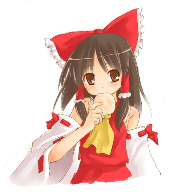 kasuga yukihito, hakurei reimu, touhou, 1girl, ascot, bow, brown eyes, brown hair, detached sleeves, eating, female focus, food, hair bow, hair ribbon, hair tubes, ribbon, solo, upper body