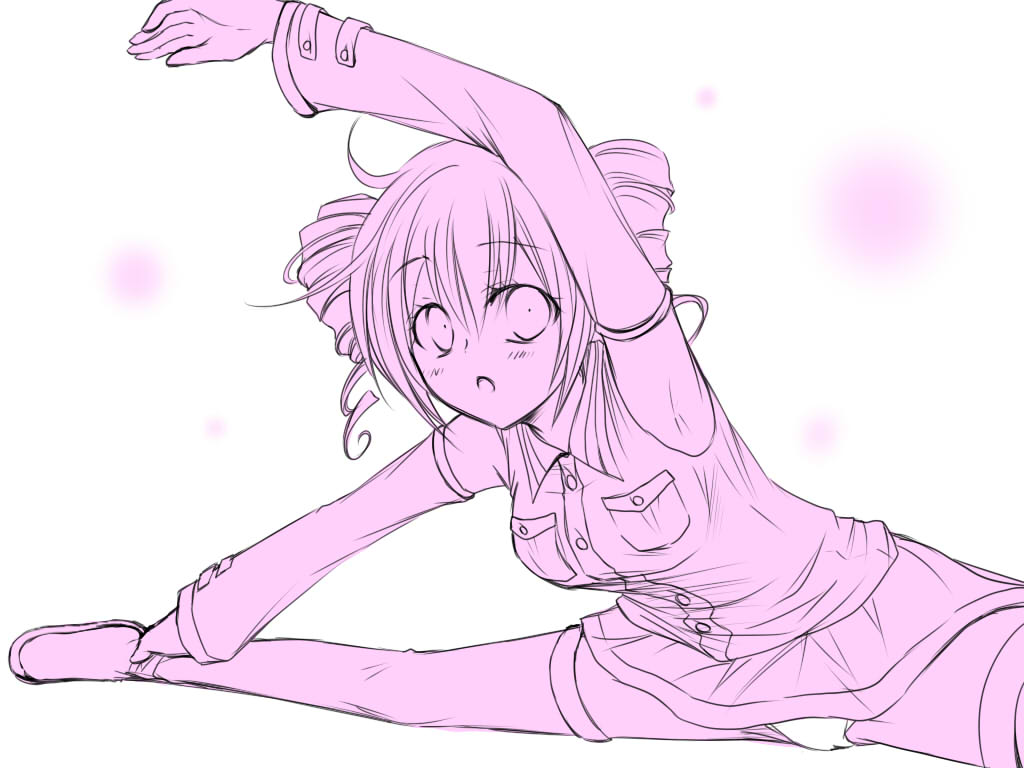 kasane teto, utau, vocaloid, 1girl, armpits, drill hair, exercising, female focus, panties, pantyshot, plantar flexion, red hair, sitting split, solo, split, stretching, twin drills, twintails, underwear