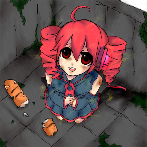 kasane teto, kasane teto (utau), utau, vocaloid, lowres, 1girl, baguette, bread, drill hair, female focus, food, rain, red hair, solo, tears, twin drills, twintails