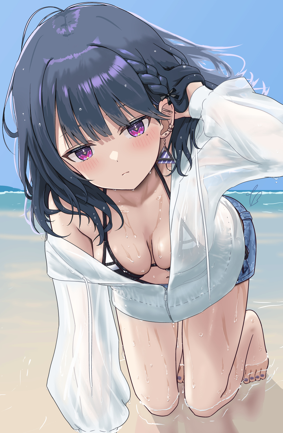 sanko (nisanko), koshimizu toru, nijisanji, highres, 1girl, adjusting hair, barefoot, beach, bikini, black hair, breasts, cleavage, earrings, expressionless, jacket, jewelry, kneeling, long sleeves, medium breasts, medium hair, mole, mole under eye, partially unzipped, purple eyes, sky, solo, swimsuit, virtual youtuber, wet