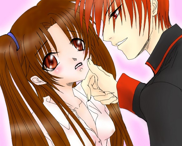 daruma (artist), daruma (daruma47), naoe riki, natsume kyousuke, little busters!, bad id, bad pixiv id, gender request, 1boy, 1girl, blouse, blush, brown eyes, brown hair, genderswap, long hair, school uniform, serafuku, shirt, skirt, twintails
