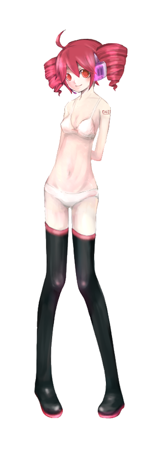 kasane teto, kasane teto (utau), utau, vocaloid, long image, tall image, 1girl, bra, drill hair, female focus, full body, lingerie, panties, solo, standing, thighhighs, transparent background, twin drills, twintails, underwear, underwear only, zettai ryouiki
