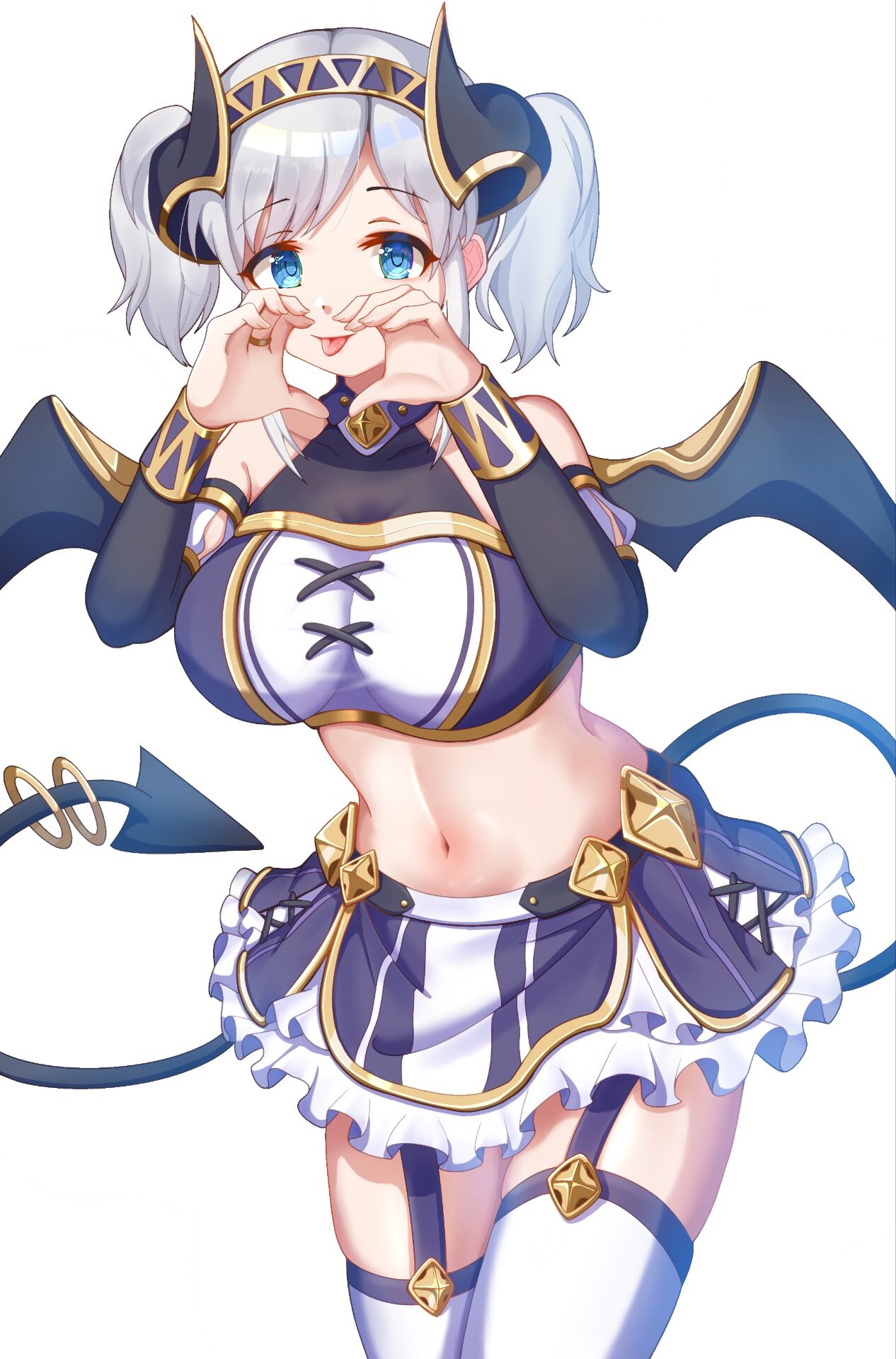 craig (2980ct), akari (princess connect!), princess connect!, commentary, highres, variant set, 1girl, bandeau, bare shoulders, black bridal gauntlets, black horns, black wings, blue eyes, breasts, bridal gauntlets, collarbone, cowboy shot, demon girl, demon horns, demon tail, demon wings, frilled skirt, frills, garter straps, grey hair, groin, hairband, heart, heart hands, horns, large breasts, looking at viewer, medium hair, midriff, miniskirt, navel, purple bandeau, purple hairband, purple skirt, short twintails, sidelocks, simple background, skindentation, skirt, smile, solo, standing, swept bangs, tail, tail ornament, tail ring, taut clothes, thighhighs, tongue, tongue out, twintails, white background, white thighhighs, wings, zettai ryouiki