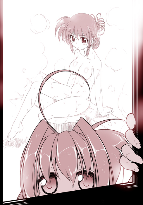 himura kiseki, takamachi nanoha, vita (nanoha), lyrical nanoha, mahou shoujo lyrical nanoha, 00s, 2girls, ahoge, barefoot, bath, breasts, censored, convenient censoring, monochrome, multiple girls, novelty censor, nude, sitting, steam, wet