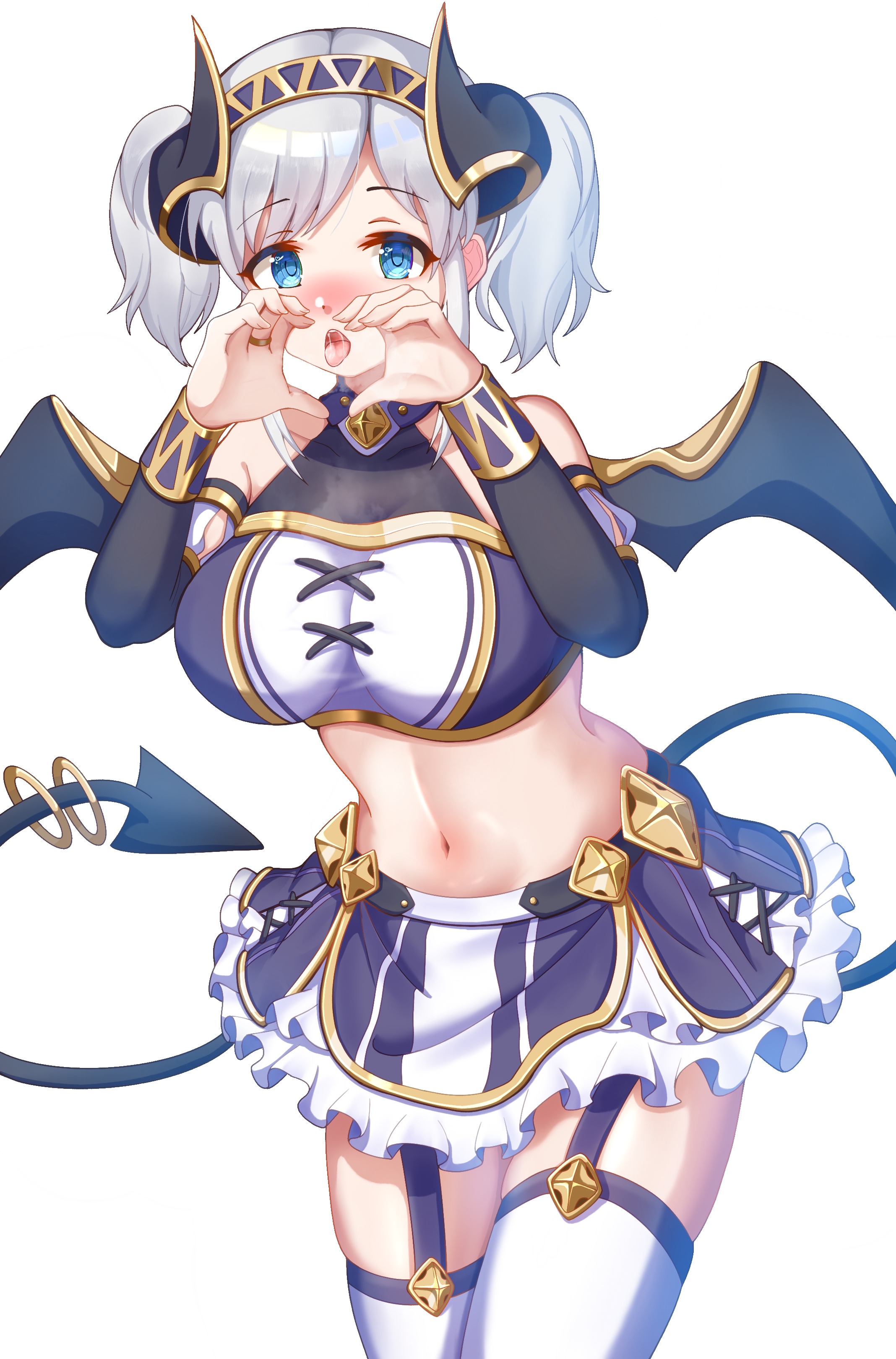 craig (2980ct), akari (princess connect!), princess connect!, absurdres, commentary, highres, variant set, 1girl, bandeau, bare shoulders, black bridal gauntlets, black horns, black wings, blue eyes, blush, breasts, bridal gauntlets, collarbone, cowboy shot, demon girl, demon horns, demon tail, demon wings, frilled skirt, frills, garter straps, grey hair, groin, hairband, heart, heart hands, horns, large breasts, looking at viewer, medium hair, midriff, miniskirt, navel, nose blush, open mouth, purple bandeau, purple hairband, purple skirt, saliva, short twintails, sidelocks, simple background, skindentation, skirt, solo, standing, steam, swept bangs, tail, tail ornament, tail ring, taut clothes, thighhighs, tongue, tongue out, twintails, white background, white thighhighs, wings, zettai ryouiki