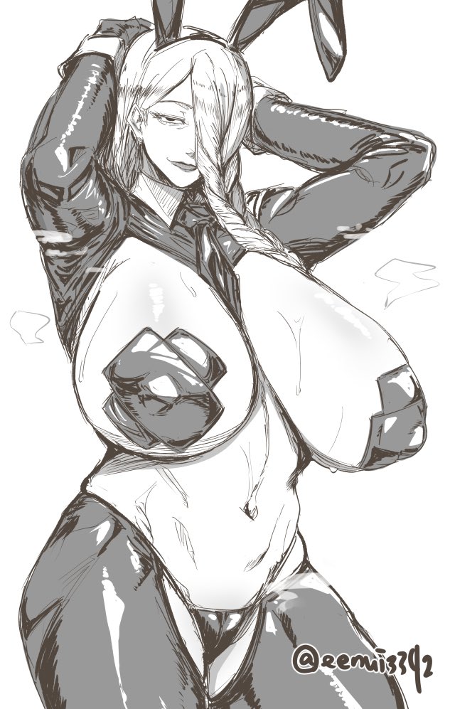 eenui334, mei mei (jujutsu kaisen), jujutsu kaisen, highres, 1girl, animal ears, arms up, artist name, braid, braided bangs, braided ponytail, breasts, collar, cuffs, earrings, fake animal ears, fake bunny ears, female focus, jewelry, large breasts, lips, looking at viewer, monochrome, navel, necktie, nipple pasties, reverse bunnysuit, reverse outfit, simple background, smile, thighs, twitter username, white background, white hair, white wrist cuffs, wrist cuffs