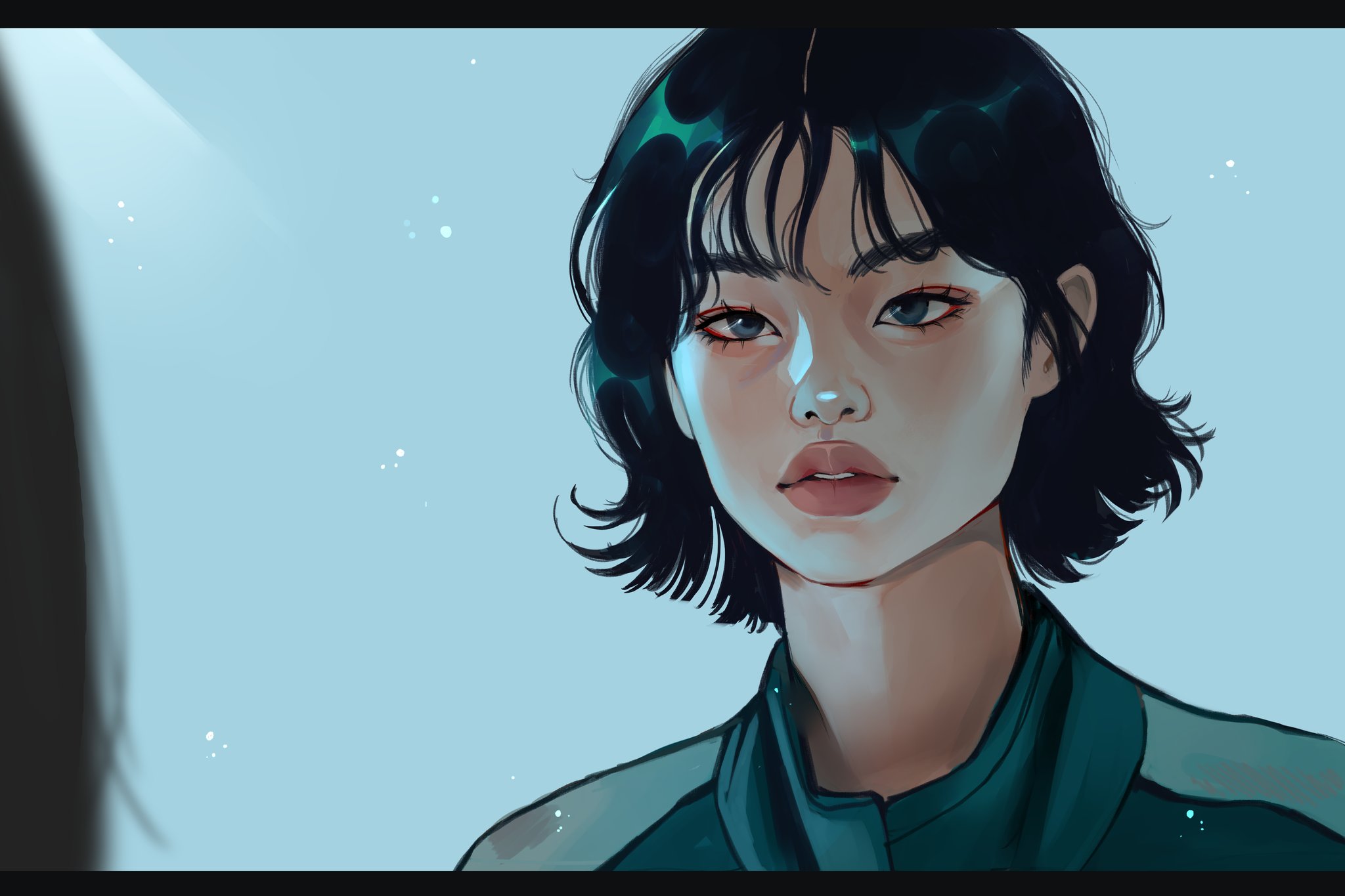 zeebythesea, kang sae-byeok, squid game, highres, 1girl, aqua background, asian, black hair, eyelashes, green track suit, grey eyes, letterboxed, light particles, looking at another, monolids, parted lips, short hair, thick eyebrows, thick lips, track suit, upper body, wavy hair, wispy bangs