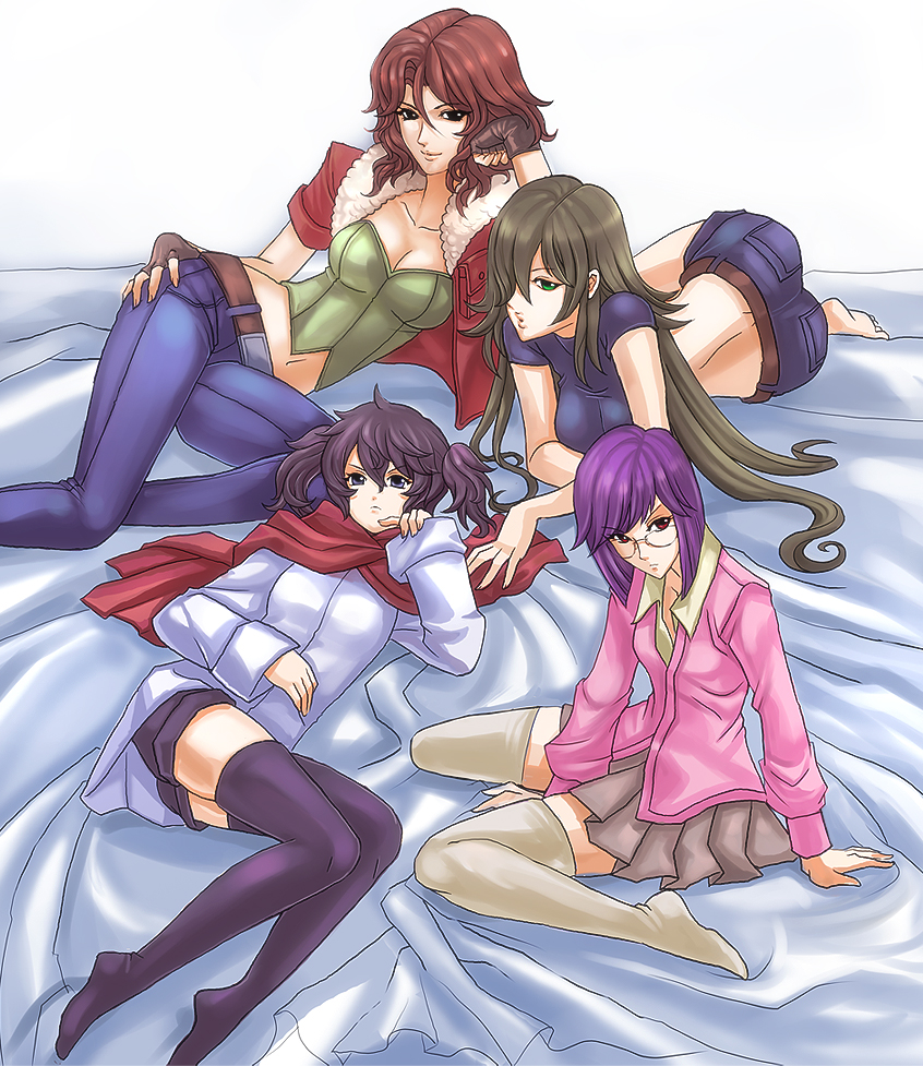 j (pixiv162592), allelujah haptism, lockon stratos, setsuna f. seiei, tieria erde, gundam, gundam 00, bad id, bad pixiv id, gender request, 00s, 4girls, brown eyes, brown hair, genderswap, glasses, green eyes, long hair, multiple girls, purple hair, short hair, thighhighs, twintails, yellow eyes