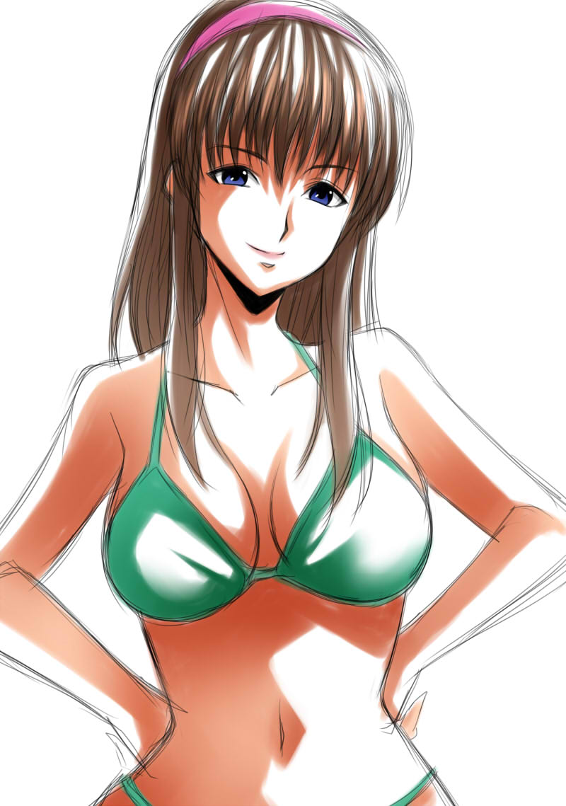 yamada (fanfantaisa), hitomi (doa), dead or alive, bikini, blue eyes, breasts, brown hair, green bikini, hairband, halterneck, hands on own hips, large breasts, long hair, looking at viewer, navel, pink hairband, sidelocks, smile, swimsuit