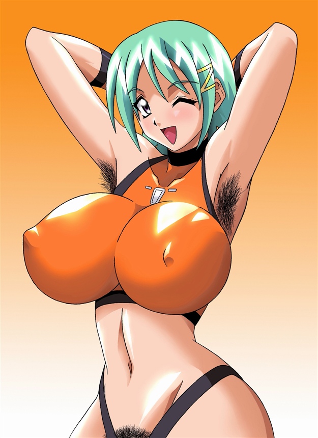 kiri marialate, divergence eve, 00s, 1girl, armpit hair, armpits, breasts, female focus, female pubic hair, gradient background, green hair, huge breasts, large breasts, pubic hair, solo